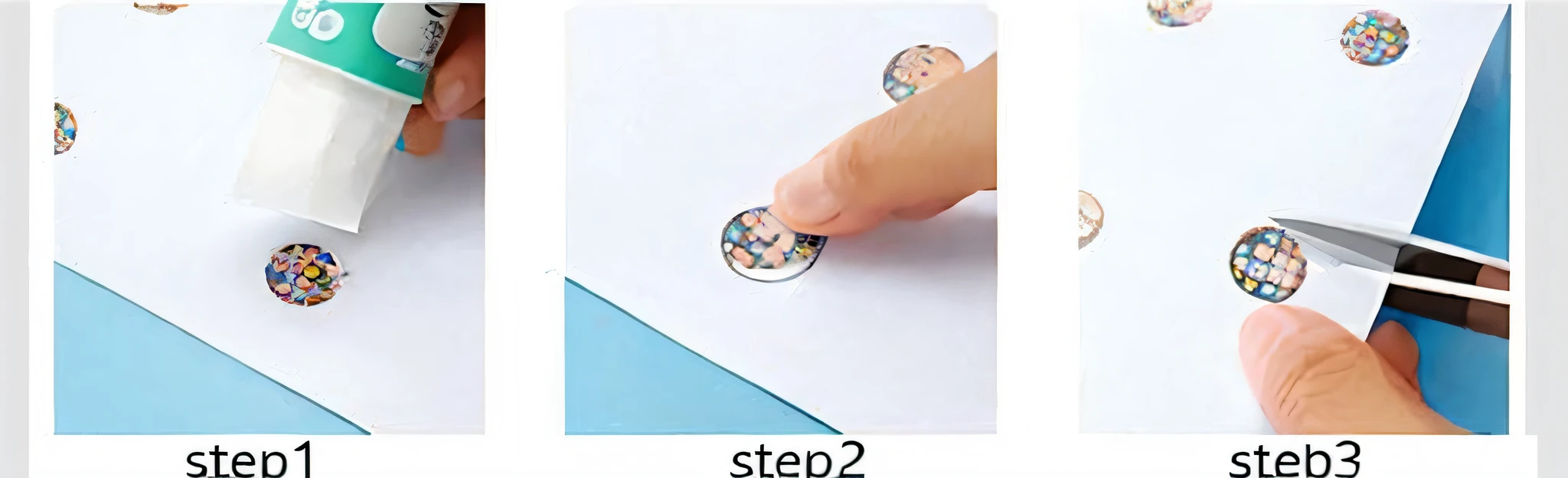 four pictures of a person cutting a piece of paper with scissors, -step 50, [ realistic photo ]!!, liquid glue spots, manual, tutorial, sticker - art, puffy sticker, thin button nose, how-to, detailed picture, secret, remove, illustration], children playing with pogs, installation, instructions, no stipe, product introduction photos, 2 --auto --s2