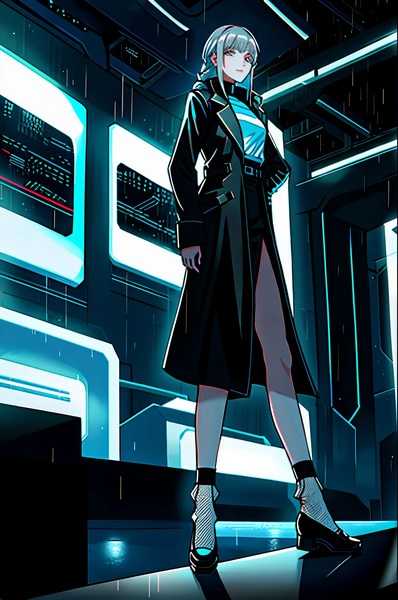 Future World, Cyberpunk Female, High-Tech, Young Woman, Gray Hair, 18 years old, Fishnet Socks, Swan Dance, High Cold, Light, White Skin, Black Sky, Rain