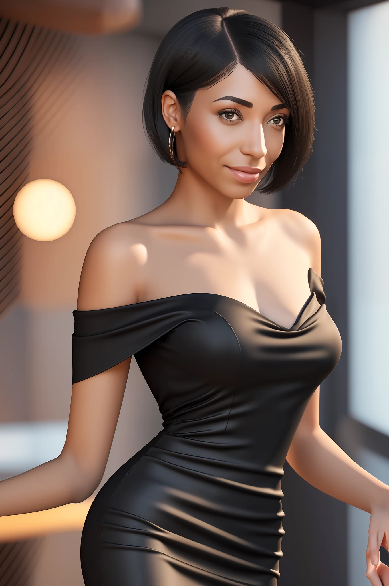 (((Tamara Taylor))), (a very tall slender woman standing at the reception of a hotel), ((tall slender figure)), ((hairstyle Bob)), ((short straight black hair)), (narrow pelvis), (small round breasts), big brown eyes, ((small head)), (sunset), evening mood, she smiles, (((She wears a short black pencil dress made of jersey fabric))), (photorealistic:1.2), (best quality), (intricate details), 8K, (High Poly), (Raytracing), (Cinema lighting), (Sharp focus),  (detailed face:1.3), natural and realistic skin textures, soft face, ((the straps of the dress have slipped off the shoulder)), ((natural skin textures))