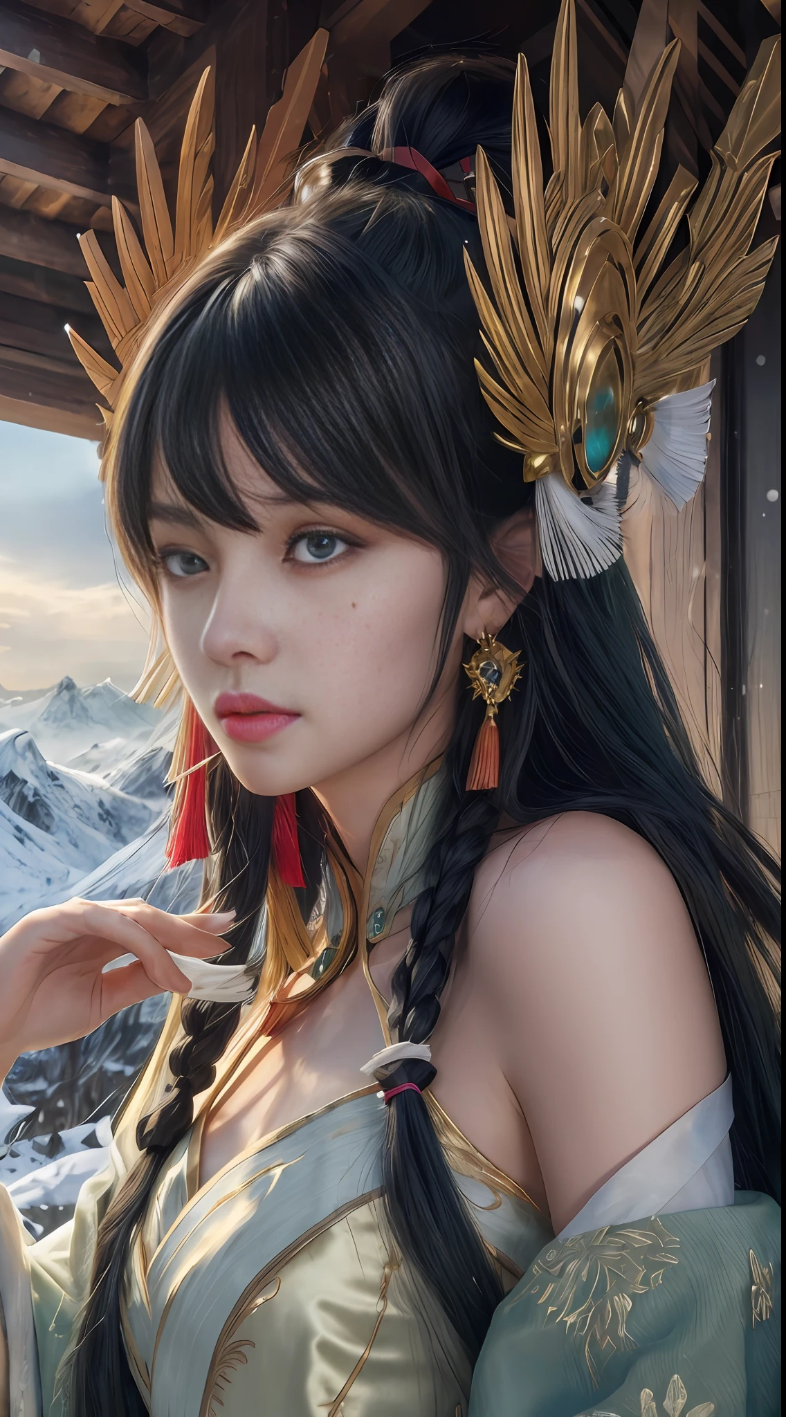 (masterpiece:1.5), illustration, 4k, 8k, (high quality:1.1), highly detailed, detailed face, HDR, vivid colors, natural lighting, pretty eyes, beautiful face, 1girl, solo, mountain, snow, chinese lantern, chinese_style, chinese_building, 剪纸仙灵艾瑞莉娅, MythmakerIrelia, long hair, multicolored hair, hair ornament, facial mark, white hair, green eyes, bangs, jewelry, gradient hair, (ribbon),