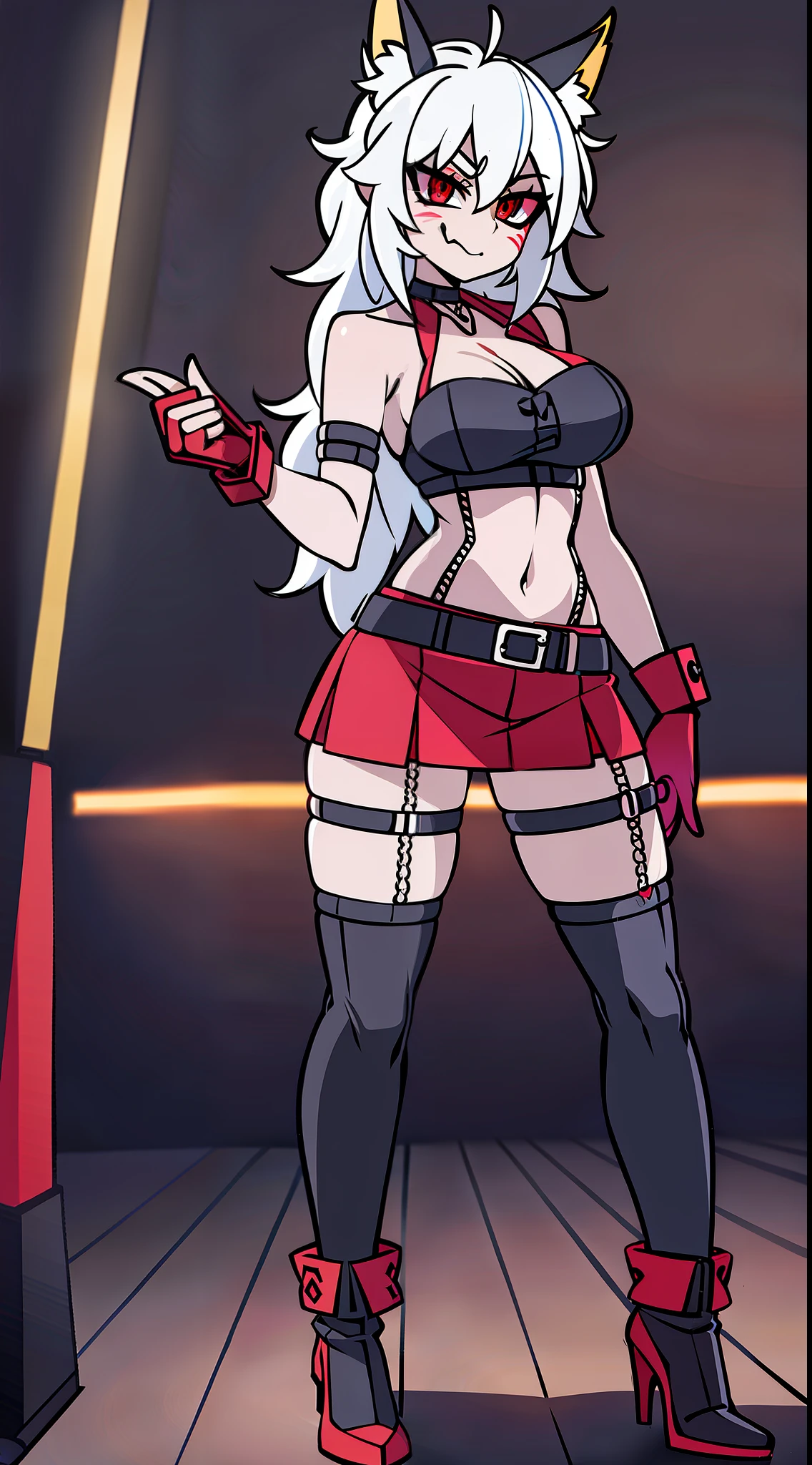 1girl, look at viewer, cute, breast, full body, Helltaker, detailed lighting, detailed body, detailed hair, detailed, masterpiece, red eyes, glowing eyes, night, torn red tank top, black mini-skirt, Fishnet stockings, black boots, Fox ears, Fox tail, long messy hair, white hair, smug smile, seductive look, half-closed eyes, (((Nightclub, neon lights)))