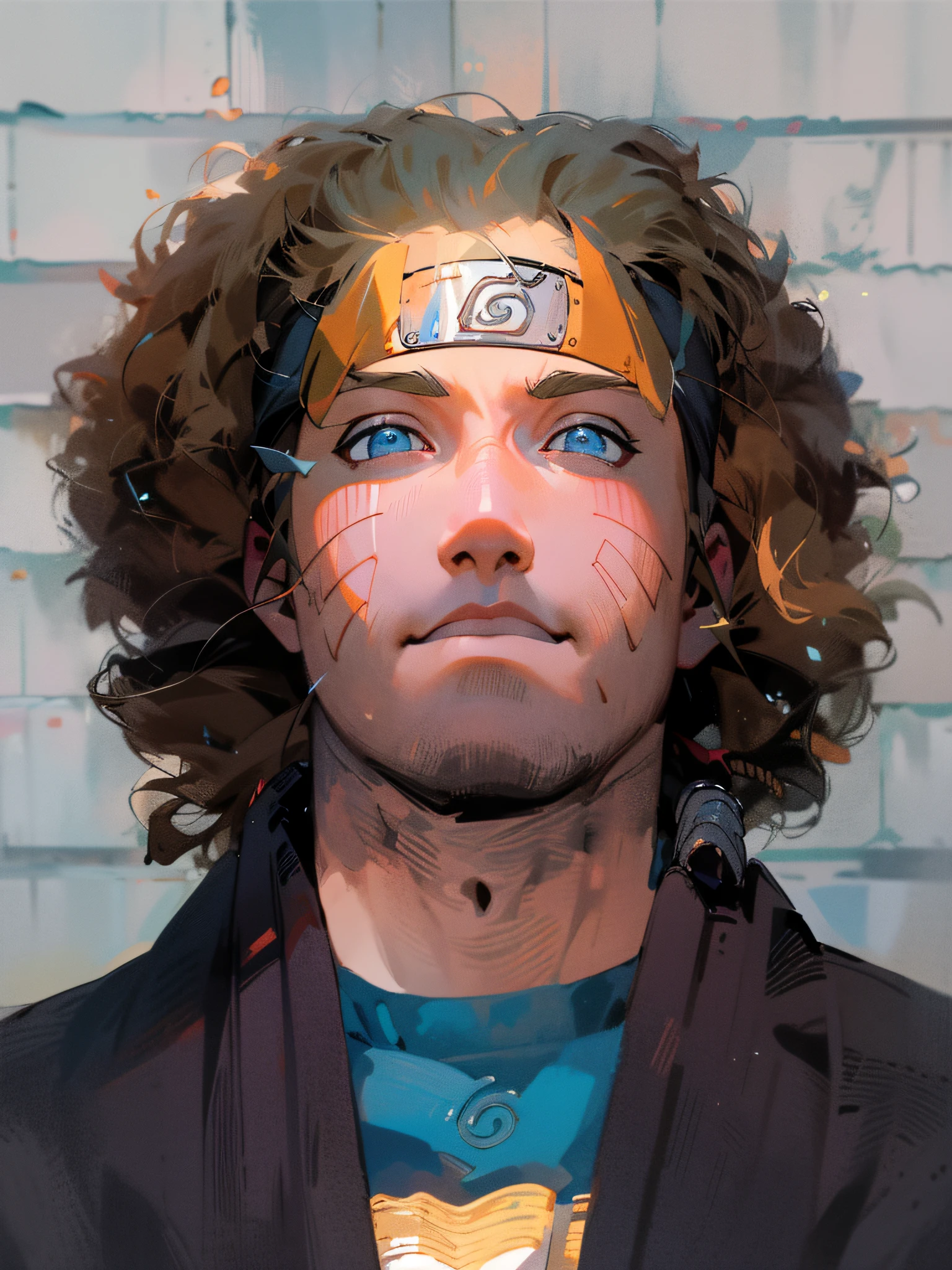 HD, (Best Detail), (Best Quality), Arafed Man with Long Curly Hair and Blue Shirt, (((Hokage))), Naruto Uzumaki, (((Hokage Forehead))), Naruto Uzumaki