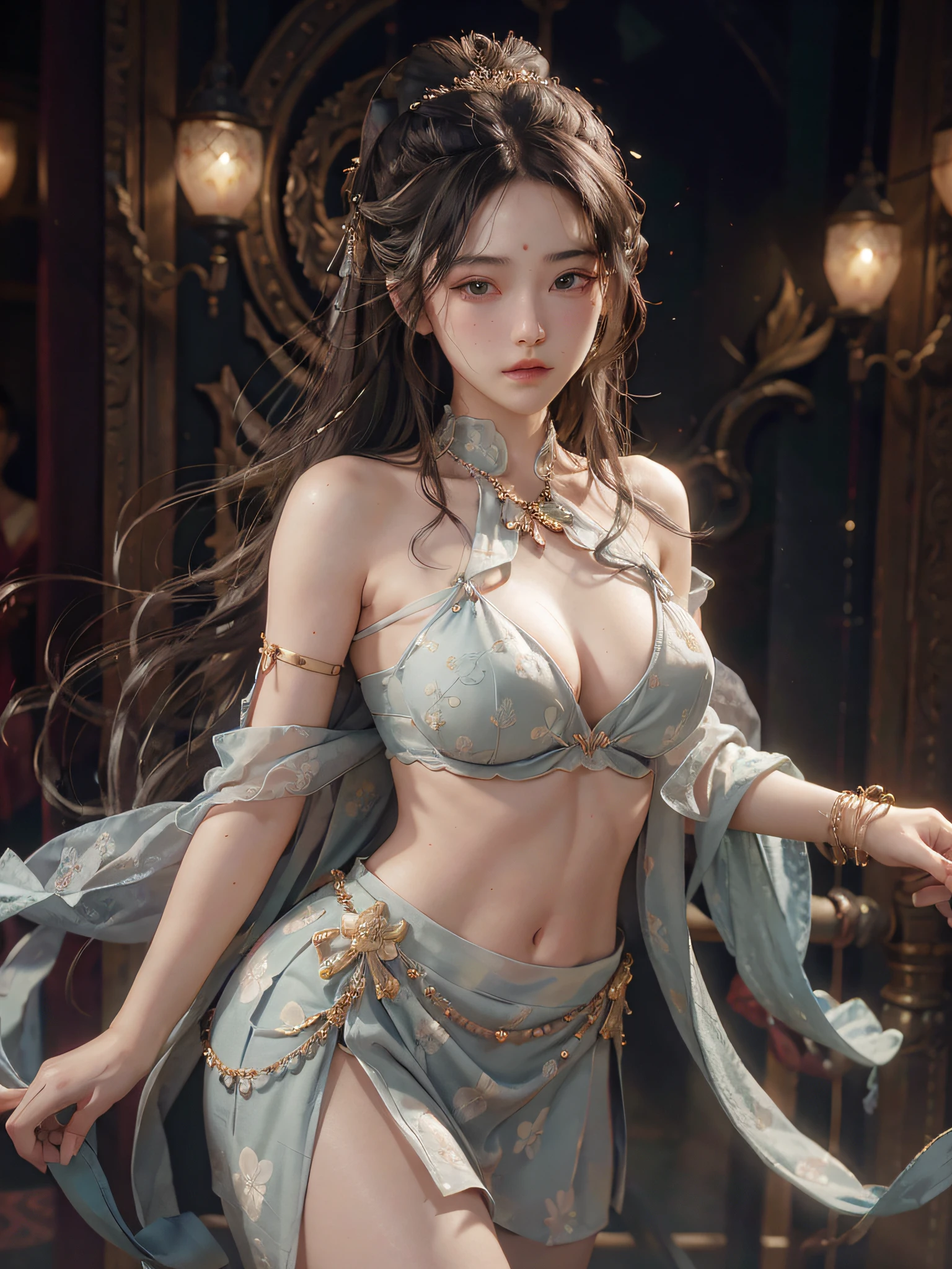 (absurd, high resolution, super detailed), 1girl, shy, shy, gentle sweet girl, intricate details, enlarged textures, intricate details, fine eyes and detailed face, intricate details, gray hair, flowing hair, no hands, huge boobs, perfect boobs, ??????, (shut up), (perfect eyes, equal eyes), complex damask hanfu, transparent clothes, bare shoulders, belly button, miniskirt, super realistic, realistic photos,