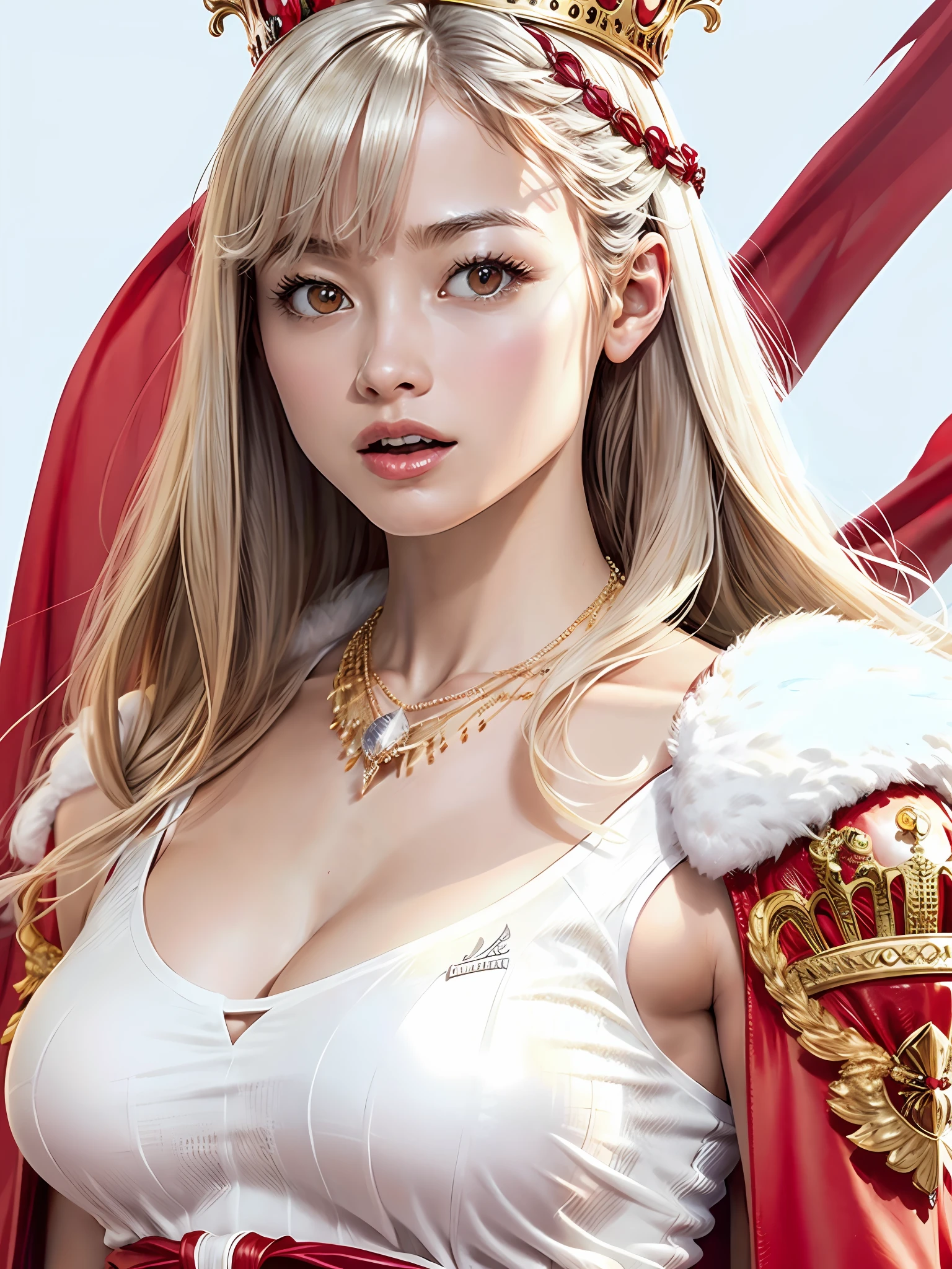 (Masterpiece, Top Quality, Best Quality, Official Art, Beautiful and Aesthetic: 1.2), Ultra-detailed complex 3D rendering of face, various poses, ((Huge breasts: 2.4)), (Exposure: 1.1), (Wearing a plummeted open shirt of white silk: 1.5)) (Transparent thin colorless micro bikini), Perfect figure: 1.4, Slim abs: 1.1, (1 girl), no bra, Red cape lined with fur, detailed huge crown decorated with precious stones: 2.2), cleavage, blonde, white skin, beautiful jewel necklace with strong and detailed weapons, opening mouth lightly,