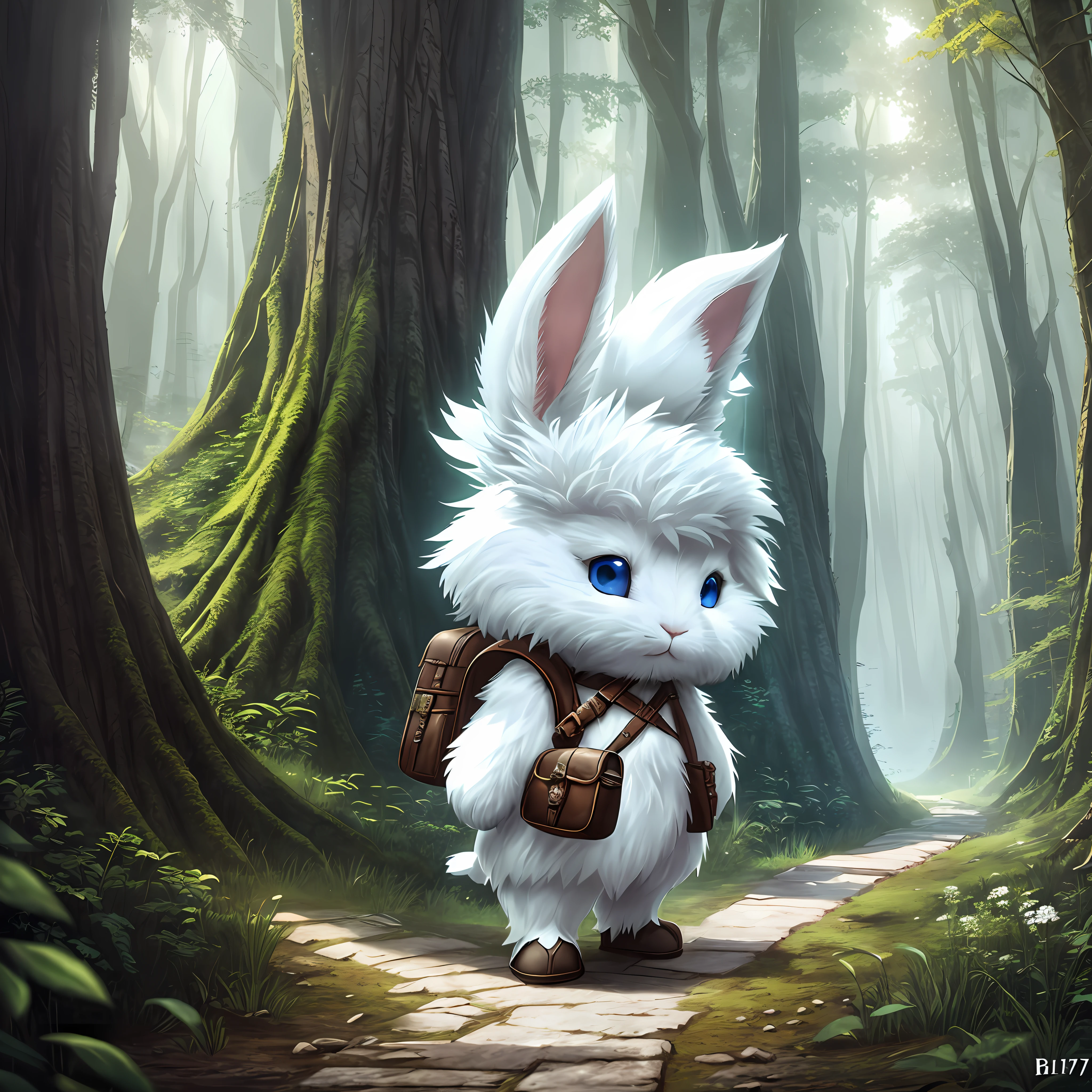 Classic negative portrait photo, fantasy video game character concept art, a cute white furry rabbit carrying a small brown leather backpack, watching the map trekking through the forest, dungeons and dragons, fantasy, river, haze, halo, bloom, dramatic atmosphere, dark fantasy movie from the 1970s, scale 1:1.618 --auto --s2