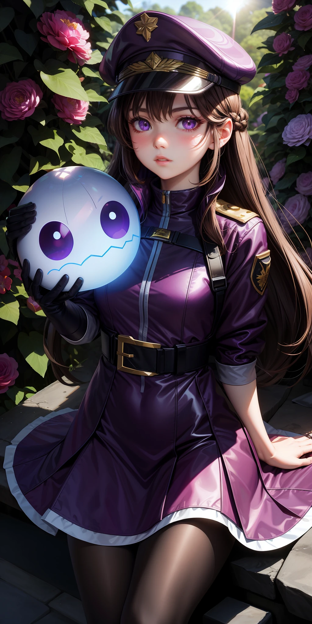 1girl, brown hair, purple eyes, glowing eyes, shadaloo doll, parted lips, blush, flowers, sun, sunlight,
