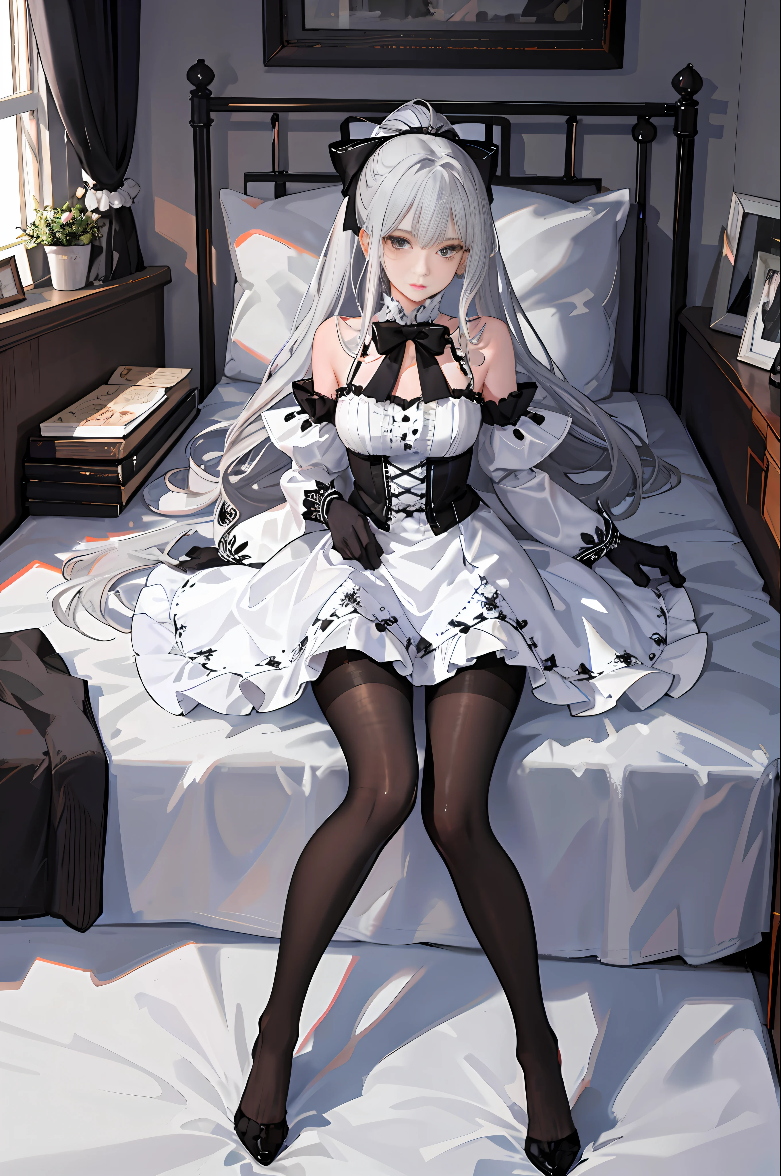 (((1 girl)),ray tracing,(dim lighting),[detailed background (bedroom)),((silver hair)),((silver hair)),(fluffy silver hair, plump slender girl)) with high ponytail)))) Avoid blonde eyes in the ominous bedroom (((girl wears intricately embroidered black high-waisted pants with pantyhose) and white ruffled bow gloves), showing a delicate slender figure and graceful curves, correct limbs, lying on the bed