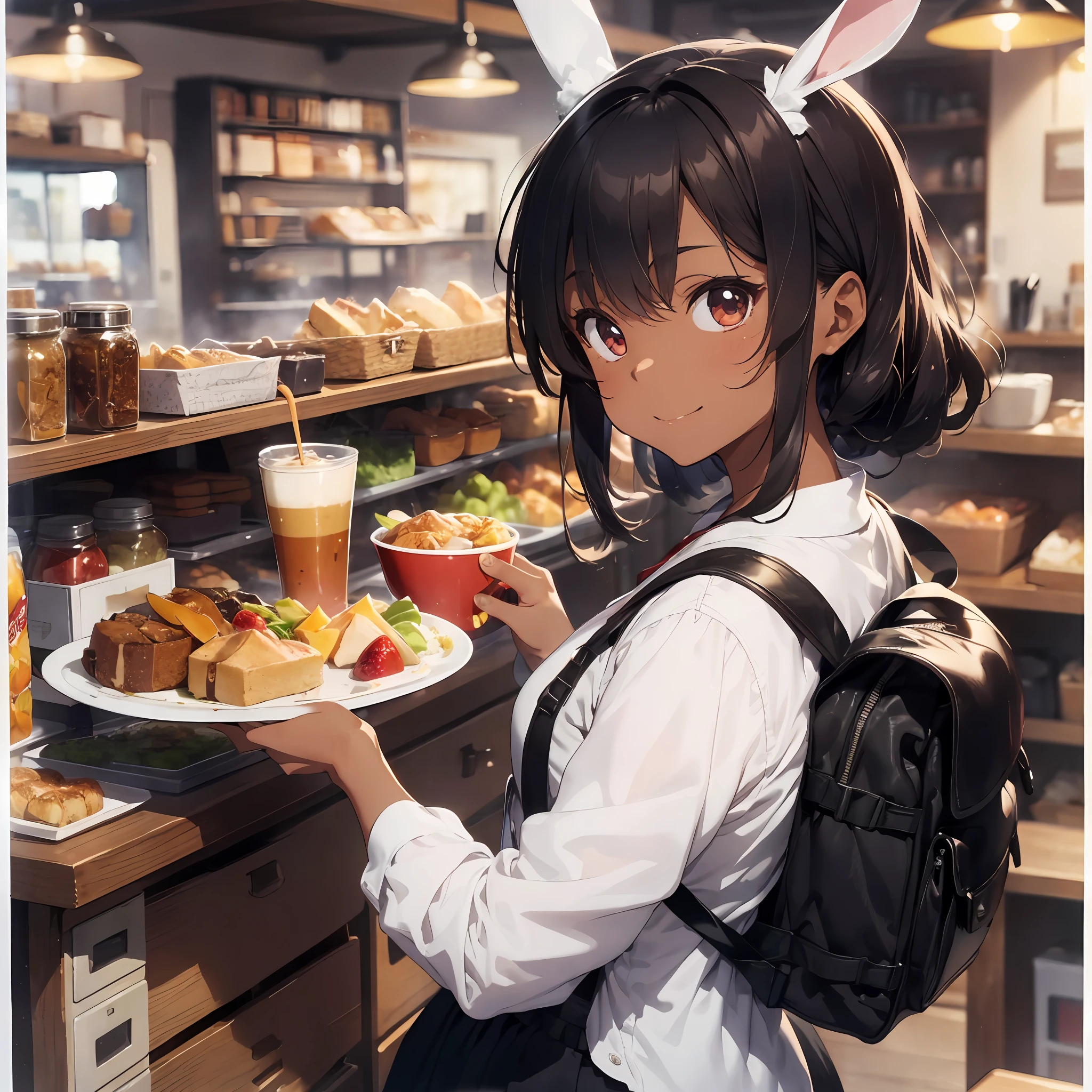 Background is a thriving café, café clerk, pudding on a tray, ration, café uniform, smile, thick eyebrows, (huge backpack: 1.5), (dark skin: 1.3), brown skin, movie lighting, small, rabbit ears, (masterpiece), ((best quality)), (super detailed), glossy skin, full body anime girl, clean and detailed anime face, high resolution anime eyes, five fingers, Textile shading, perfect human structure, perfect anatomy,