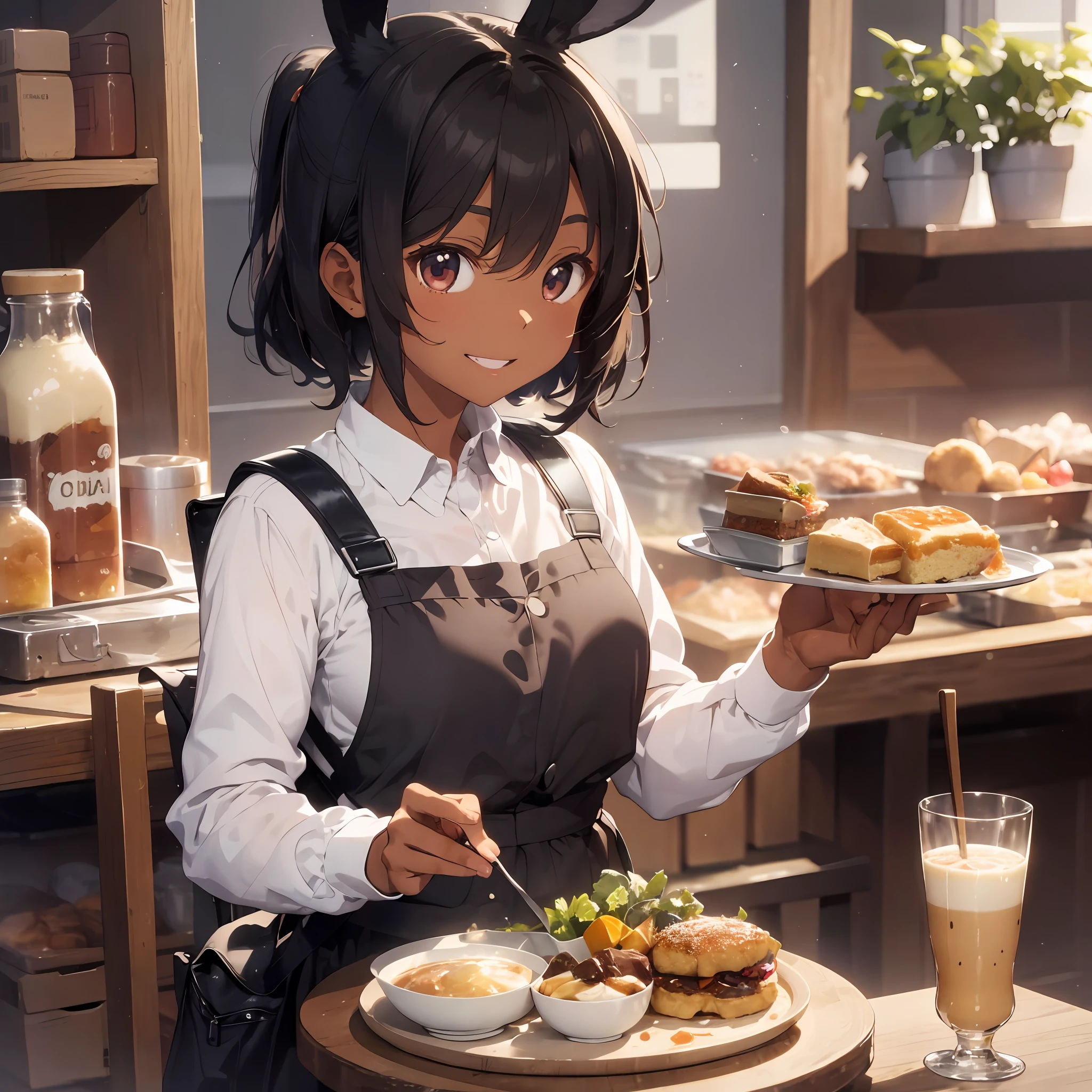 Background is a thriving café, café clerk, pudding on a tray, ration, café uniform, smile, thick eyebrows, (huge backpack: 1.5), (dark skin: 1.3), brown skin, movie lighting, small, rabbit ears, (masterpiece), ((best quality)), (super detailed), glossy skin, full body anime girl, clean and detailed anime face, high resolution anime eyes, five fingers, Textile shading, perfect human structure, perfect anatomy,