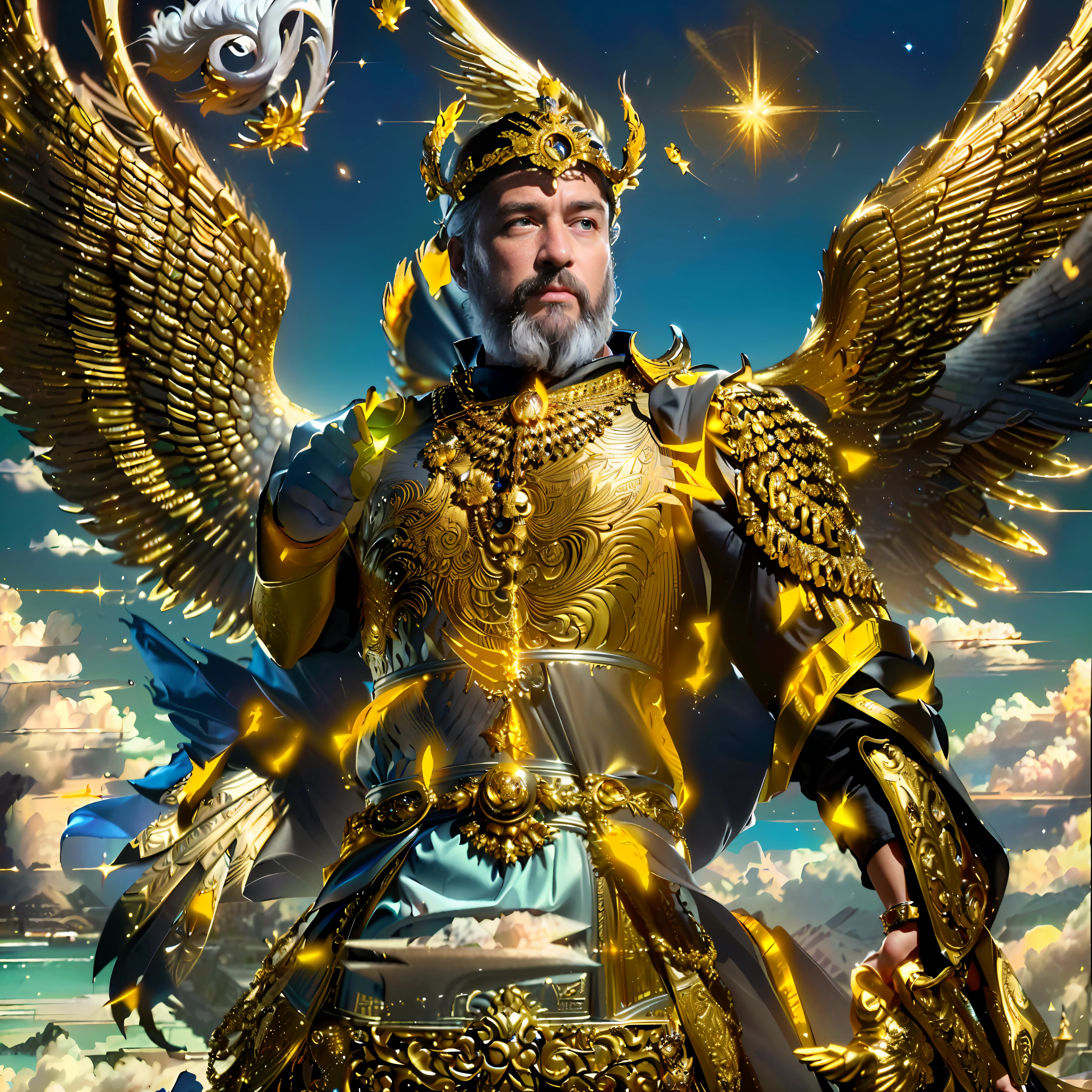 arafed image of a man with a golden armor and a cat, the god emperor of mankind, michael cheval (unreal engine, god emperor, angelic golden armor, gilgamesh, gold gates of heaven!!!!!!!!, god emperor biden, portrait of emperor of mankind, cg art, the god zeus, the god poseidon, god king of ai art, cg artist