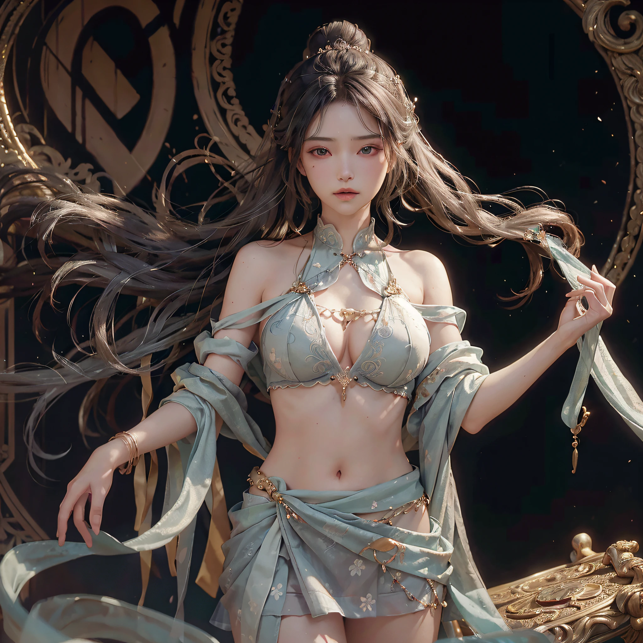 (absurd, high resolution, super detailed), 1girl, shy, shy, gentle sweet girl, intricate details, enlarged textures, intricate details, fine eyes and detailed face, intricate details, gray hair, flowing hair, no hands, huge boobs, perfect boobs, areola, (shut up), (perfect eyes, equal eyes), complex damask hanfu, transparent clothes, bare shoulders, belly button, miniskirt, super realistic, realistic photos,