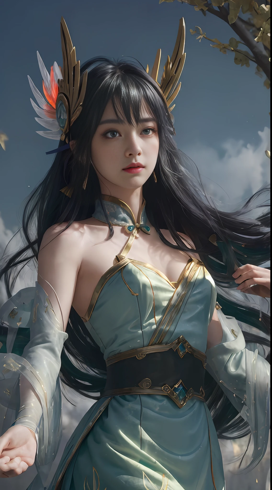 (Masterpiece:1.5), illustration, 4K, 8K, (high quality:1.1),fairy, highly detailed, detailed face, HDR, bright colors, natural lighting, beautiful eyes, beautiful face, 1 girl, solo, chinese lantern, chinese style, chinese architecture, paper cut fairy irelia, myth maker irelia, long hair, multicolored hair, hair accessories, face markings, white hair, green eyes, bangs, jewelry, gradient hair, (ribbon), countless throwing knives behind the back, magic background,