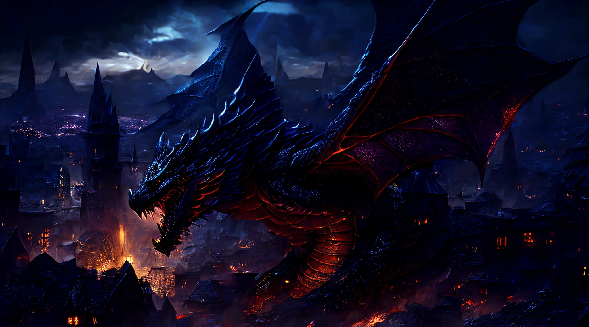 There is a doomsday level dragon flying over the city at night, highly detailed fantasy art, surrealist art, Arthur Pan, Adam Maczynski, Arduin, Black Ankaragon, epic dragon, negative energy, black electricity all around, black thunder and lightning wrapped all around, the destruction of the earth city, detailed fantasy art, epic fantasy digital art, 4K fantasy art, epic fantasy artwork, black dragon, surreal D&D fantasy art, deathwing, dragon art, (extreme detail, top quality, 8k art, Masterpiece, hyper-detail, extreme clarity).