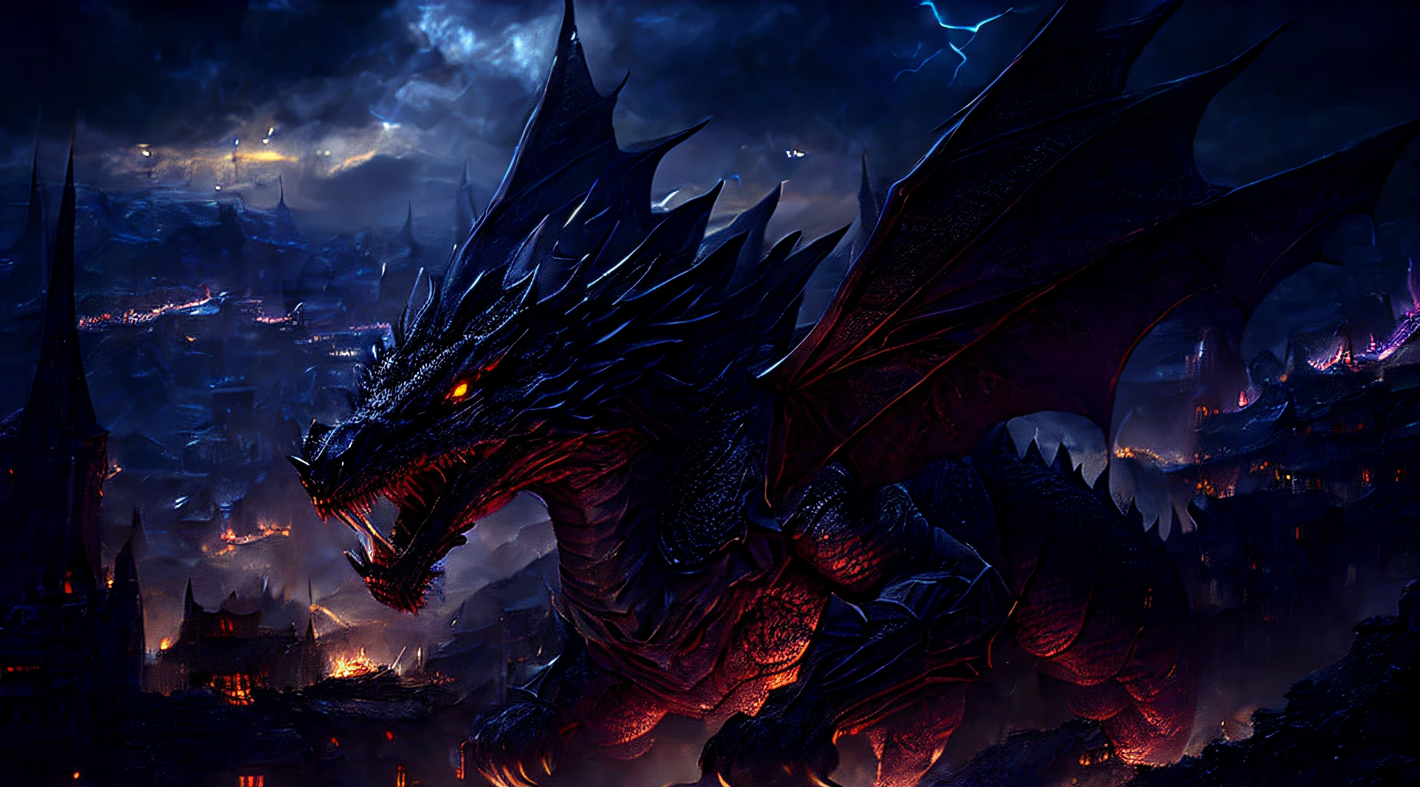 There is a doomsday level dragon flying over the city at night, highly detailed fantasy art, surrealist art, Arthur Pan, Adam Maczynski, Arduin, Black Ankaragon, epic dragon, negative energy, black electricity all around, black thunder and lightning wrapped all around, the destruction of the earth city, detailed fantasy art, epic fantasy digital art, 4K fantasy art, epic fantasy artwork, black dragon, surreal D&D fantasy art, deathwing, dragon art, (extreme detail, top quality, 8k art, Masterpiece, hyper-detail, extreme clarity).