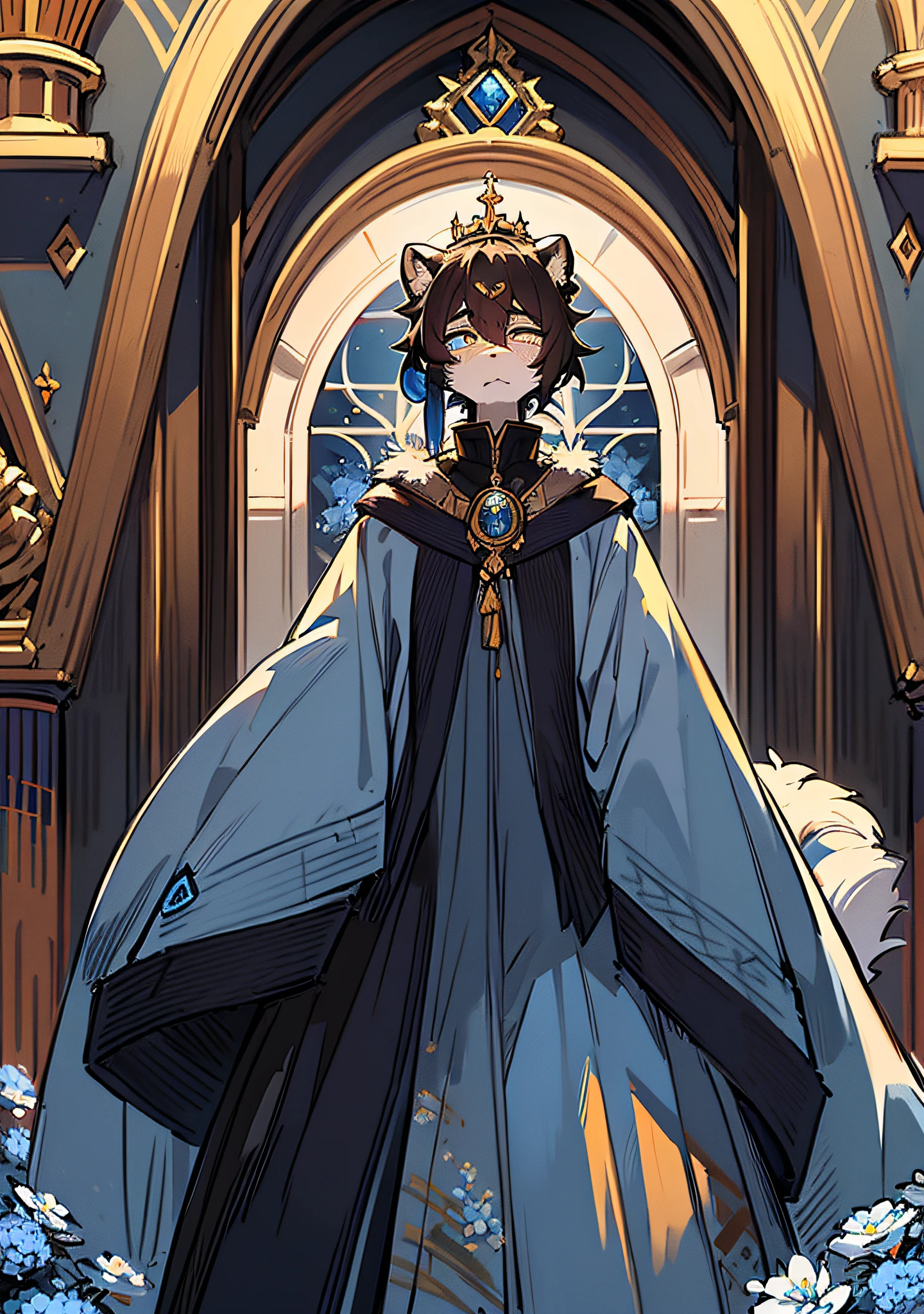 (((Masterpiece)), highest quality ((furry)), lion, black hair, with manes, navy blue pupils, short ponytail, long tail, tall and majestic, medieval clothes, faint sadness, twisted blue flowers, black skin, three crowns on the head, king