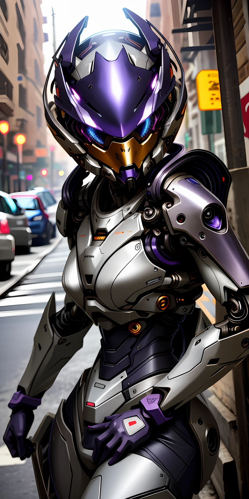 Portrait photo of a cute woman, perfect eyes, worn mecha exosuit, (light bokeh)), complex, (purple painted steel metal [rust]), elegant, sharp focus, soft lighting, vivid colors, masterpiece, (((street)), detailed face, beetle motif