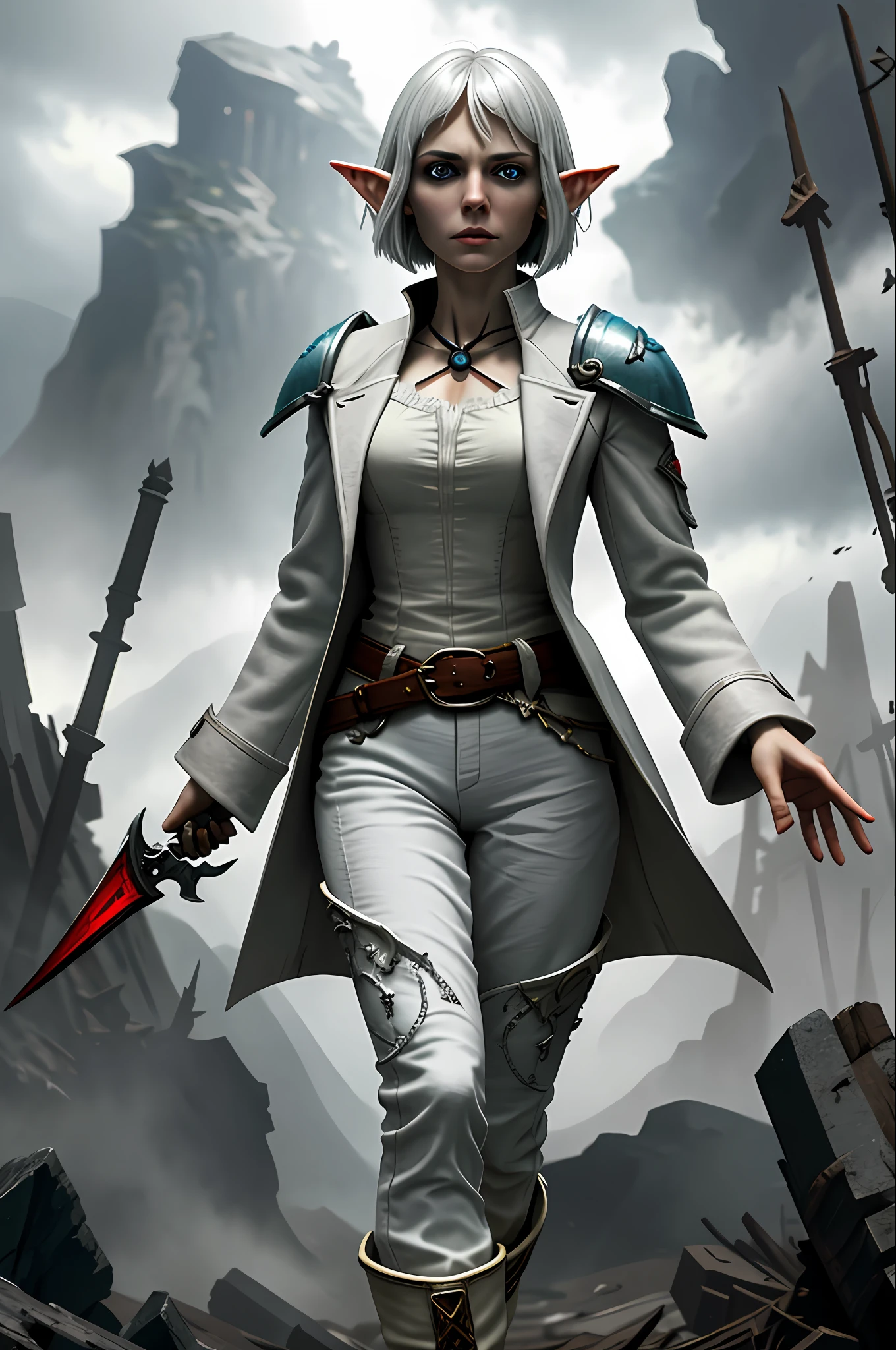 (absurdres, highres, ultra detailed), girl, (elf ears, adult, beautiful face:1.2),thin, medium breasts, fragile, straight hair, messy hair, (fantasy outfit,(white with red accents coat, assasin-style coat, military coat), fantasy (pants), boots), adventurer clothes,glowing eyes, (grey hair:1.3), ((bob cut)), (yellow eyes), finely detailed eyes and detailed face, extremely detailed CG unity 8k wallpaper, intricate details, (style-swirlmagic:0.8), portrait, looking at viewer, solo, (full body:0.6), dynamic pose, detailed background, madness in eyes, hovering in the air, necromancer, evil to the core, red clouds, casting a spell, ((chaos magic, dark magic)), , underworld, warhammer theme, bringer of the false light, dark clouds, floating pieces of dirt, decadence, evil energy emanating, dark aura, broken shackles, , cowboy shot