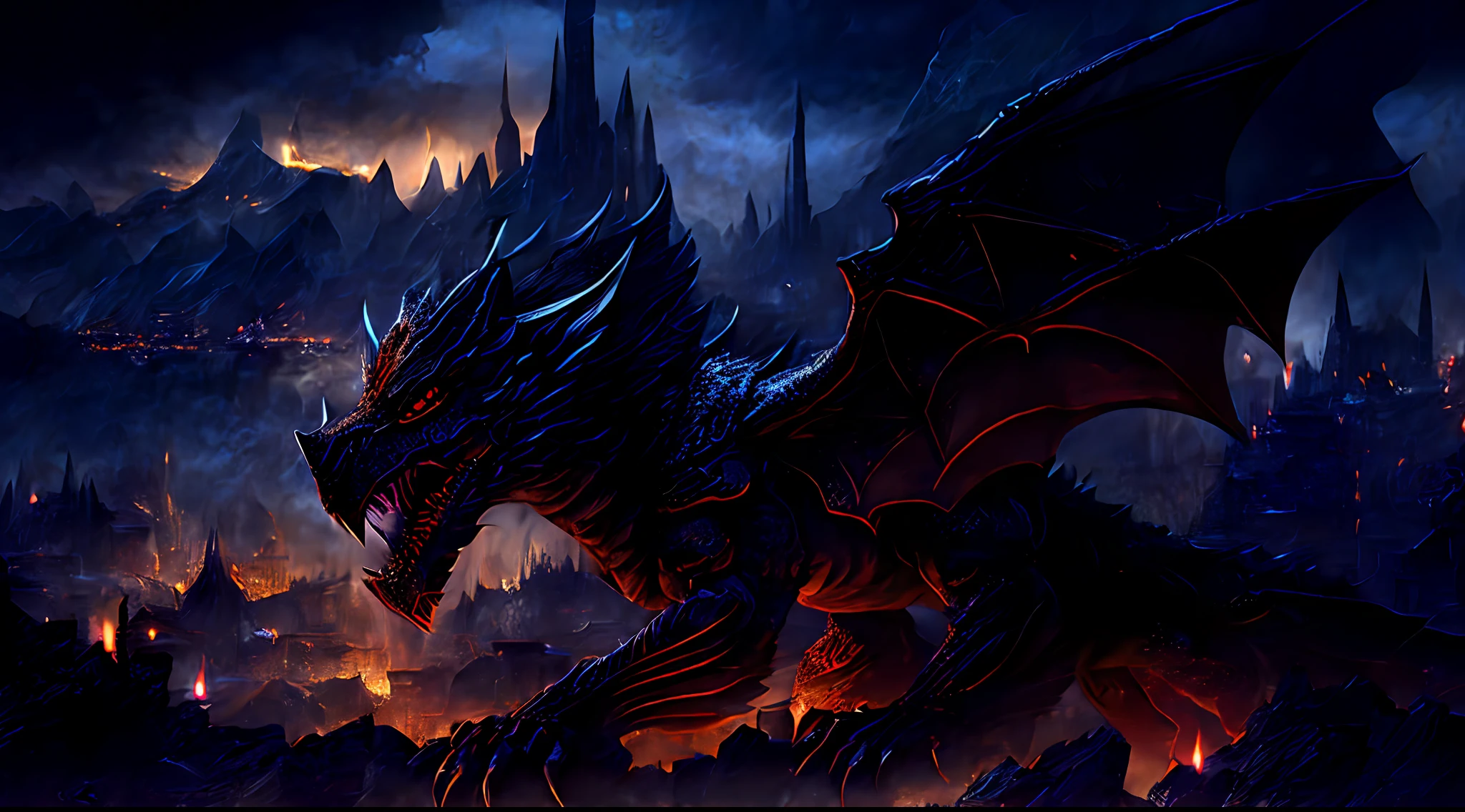 There is a doomsday level dragon flying over the city at night, highly detailed fantasy art, surrealist art, Arthur Pan, Adam Maczynski, Arduin, Black Ankaragon, epic dragon, negative energy, black electricity all around, black thunder and lightning wrapped all around, the destruction of the earth city, detailed fantasy art, epic fantasy digital art, 4K fantasy art, epic fantasy artwork, black dragon, surreal D&D fantasy art, deathwing, dragon art, (extreme detail, top quality, 8k art, Masterpiece, hyper-detail, extreme clarity).