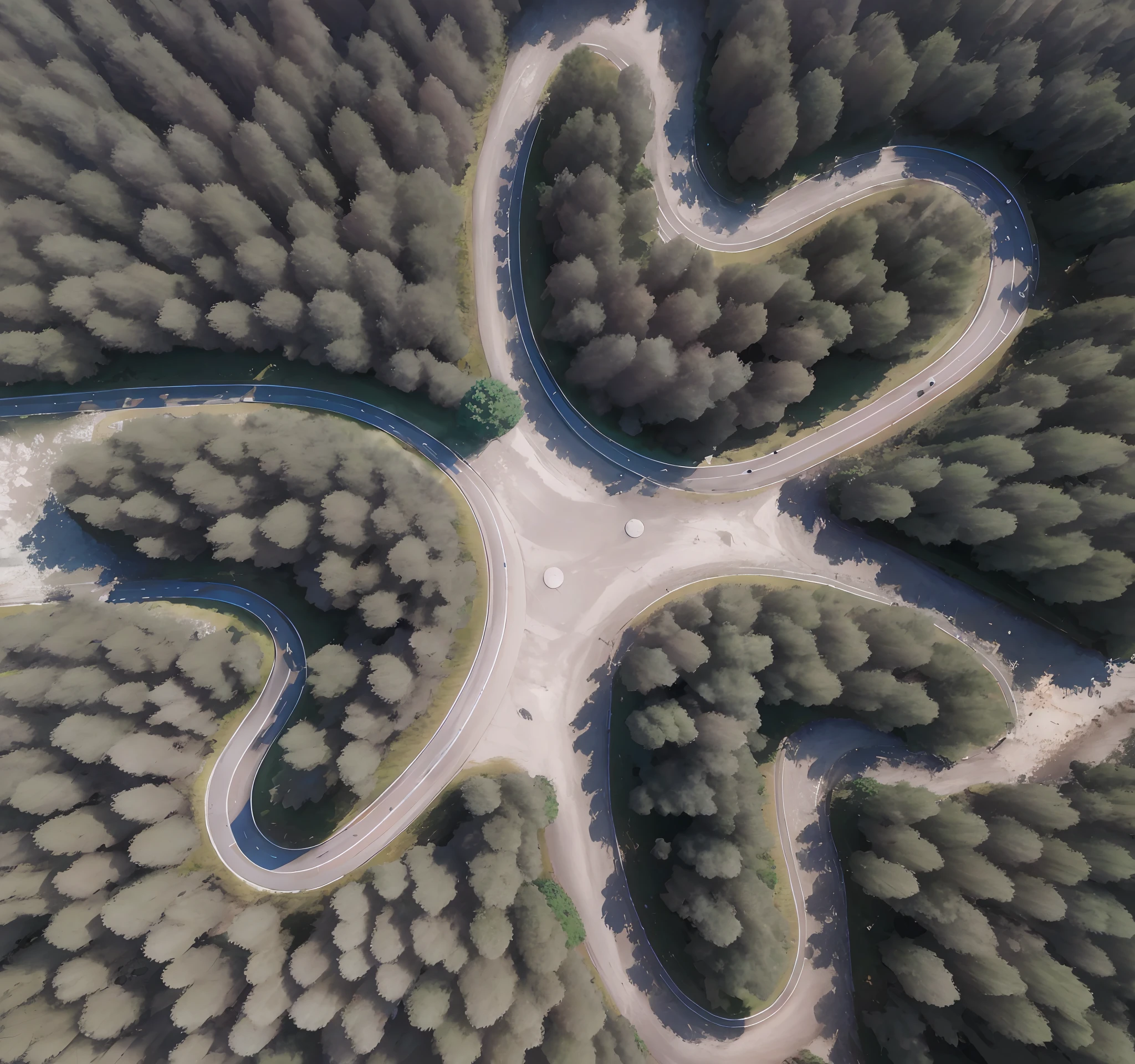 aerial view of a winding road in the middle of a forest, drone point of view, drone photography, top down photo, perspective shot from the sky, aerial view top down, drone perspective, top - down perspective, symmetrical 4k, photo realistic symmetrical, top down perspective, top down perspecrive, top - down photograph, 4k drone photography