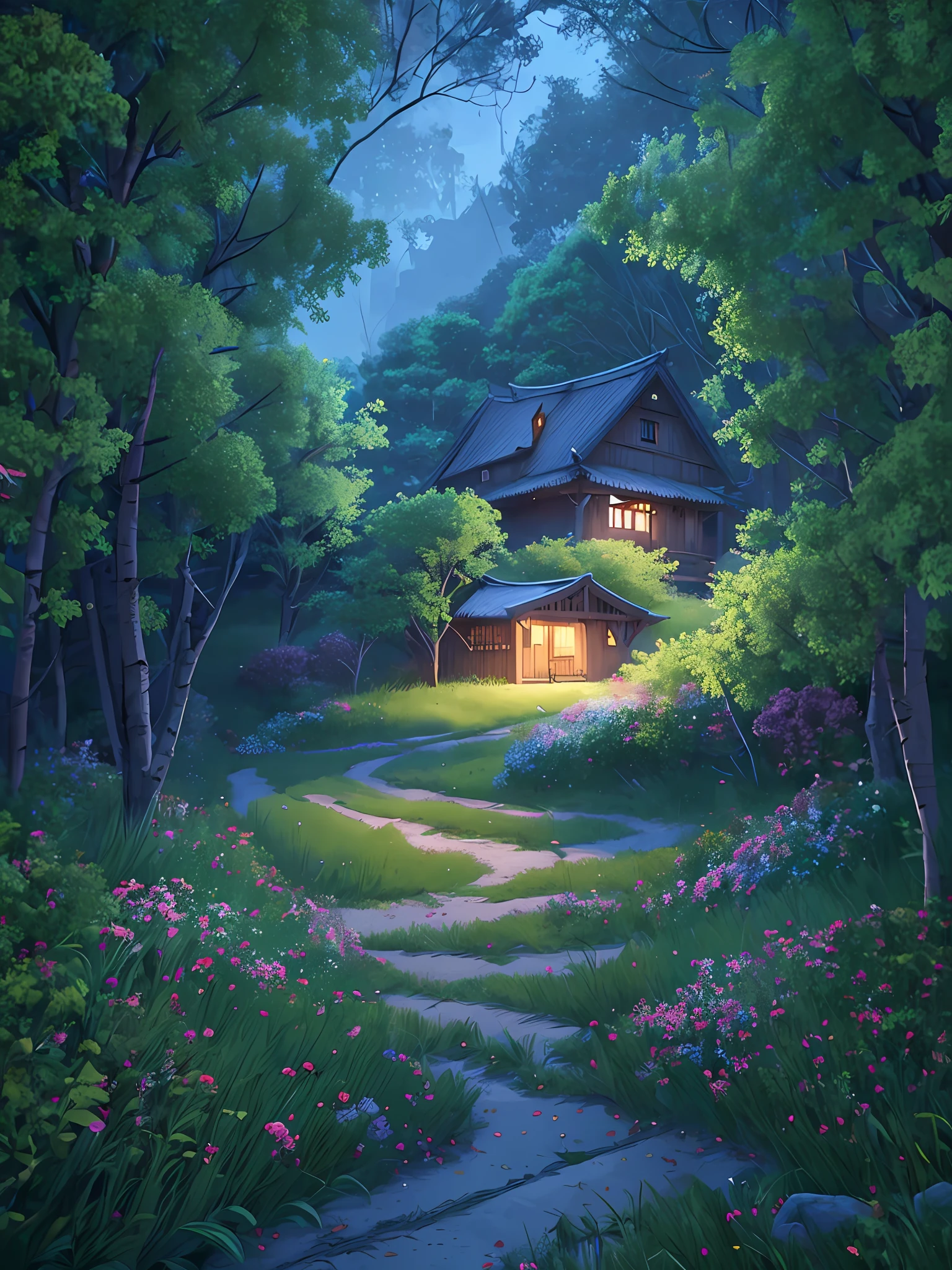 nighttime scene of a house in a forest with a path leading to it, calm night. digital illustration, beautiful house on a forest path, background artwork, cottage in the forest, 4k highly detailed digital art, solitary cottage in the woods, house in forest, nightime village background, house background, cottage in the woods, 4k detailed digital art