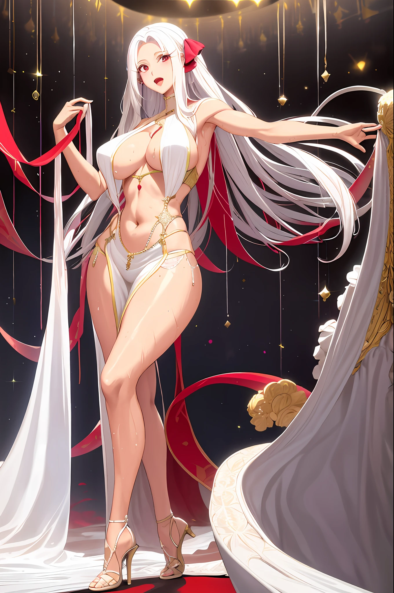 masterpiece, absurd, 1 girl, mom, white hair, red eyes, movie light, skin white, mature, solo, long hair, smile, cleavage, wet with water, nipple patch, groin, big breasts, long legs, long white dress, dress, rigorous body structure, crop top, chest ribbon, high heels: o,
