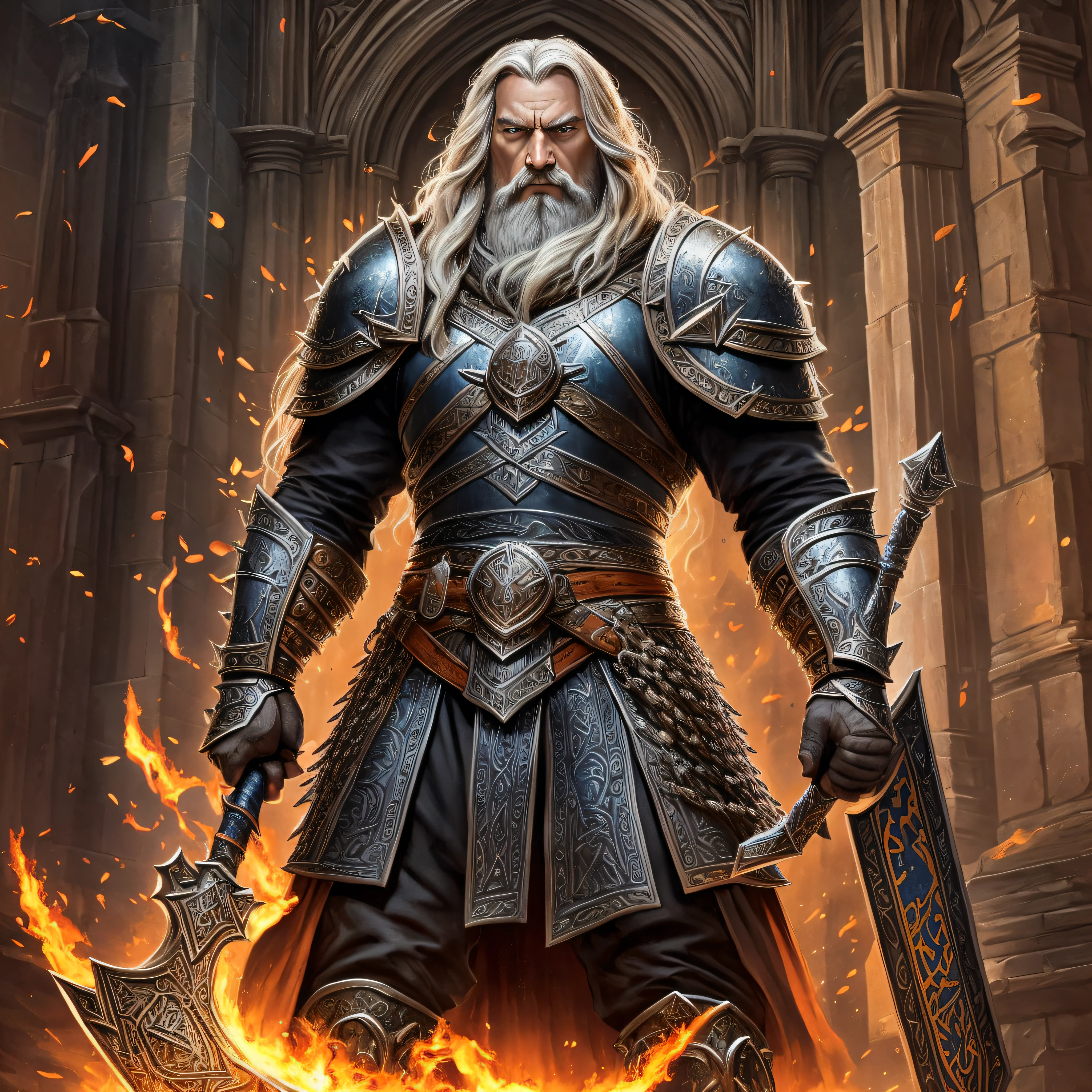 D&D art Full body, (Masterpiece, best quality). male, dwarf (Masterpiece, best quality). Cleric, (Masterpiece, best quality) , with a long, braided blond hair, blue eyes, (Masterpiece, best quality). Armed in the right hand with a yellow, radiant sword, with dwarven runes on it (Masterpiece, intense details). Holding a shield in the left hand (Masterpiece, intense details). Wearing heavy black armor with spikes and shield (Masterpiece, intense details). Donning bellowing orange cloak with sun sigils (Masterpiece, intense details) with a cathedral background at dawn(Masterpiece, intense details) --auto --s2