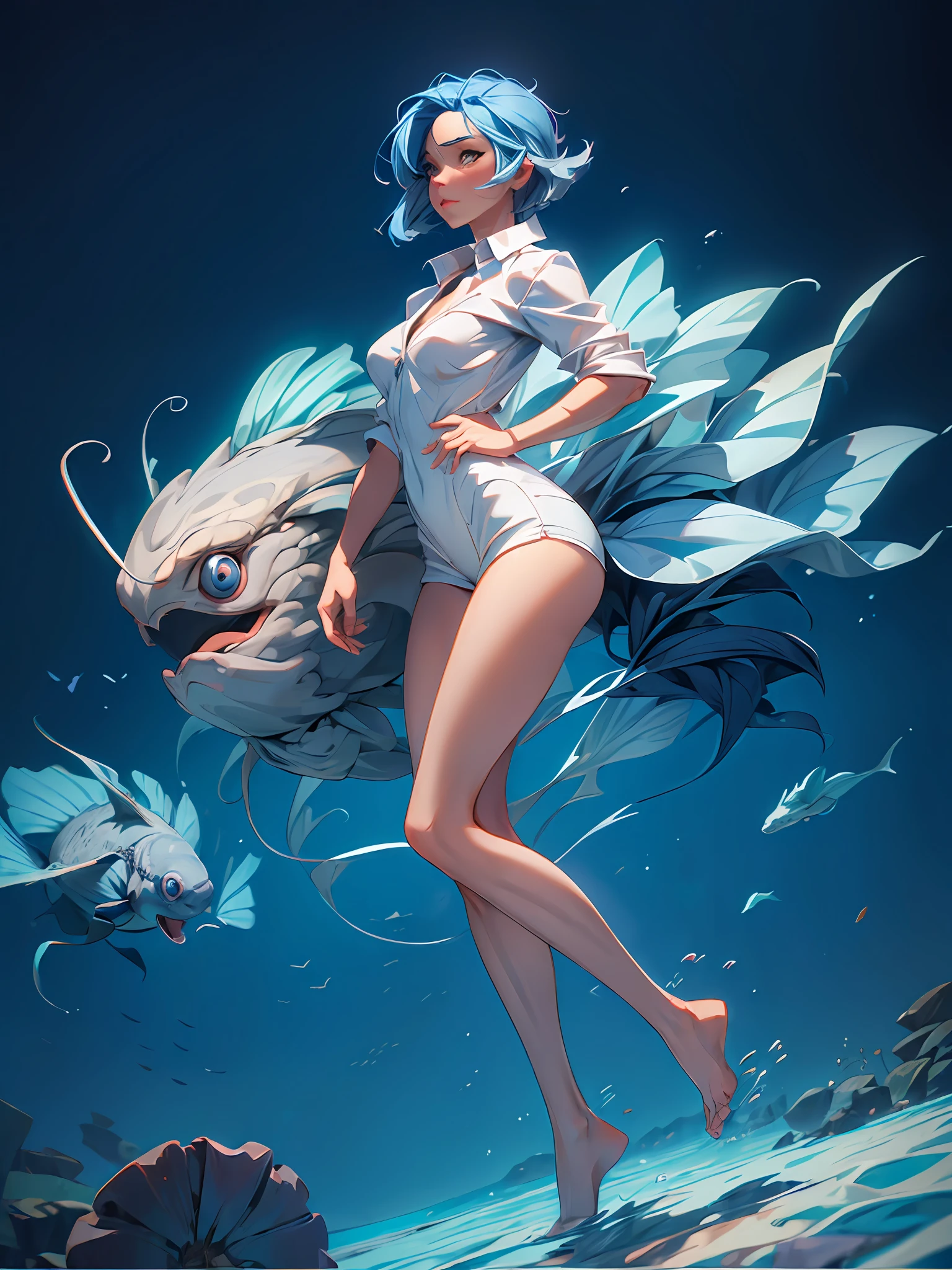 (mature:1.8)1girl, blue hair, bottom of the ocean, full body, surrounded with fish