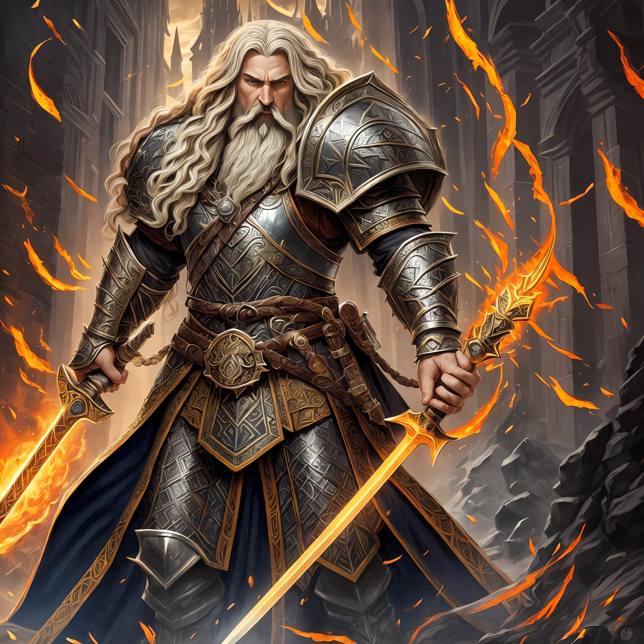 D&D art Full body, (Masterpiece, best quality). male, dwarf (Masterpiece, best quality). Cleric, (Masterpiece, best quality) , with a long, braided blond hair, braided beard, blue eyes, (Masterpiece, best quality). Armed in the right hand with a yellow, radiant sword, with dwarven runes on it (Masterpiece, intense details). Holding a shield in the left hand (Masterpiece, intense details). Wearing heavy black armor with spikes and shield (Masterpiece, intense details). Donning bellowing orange cloak with sun sigils (Masterpiece, intense details) with a cathedral background at dawn(Masterpiece, intense details) --auto --s2