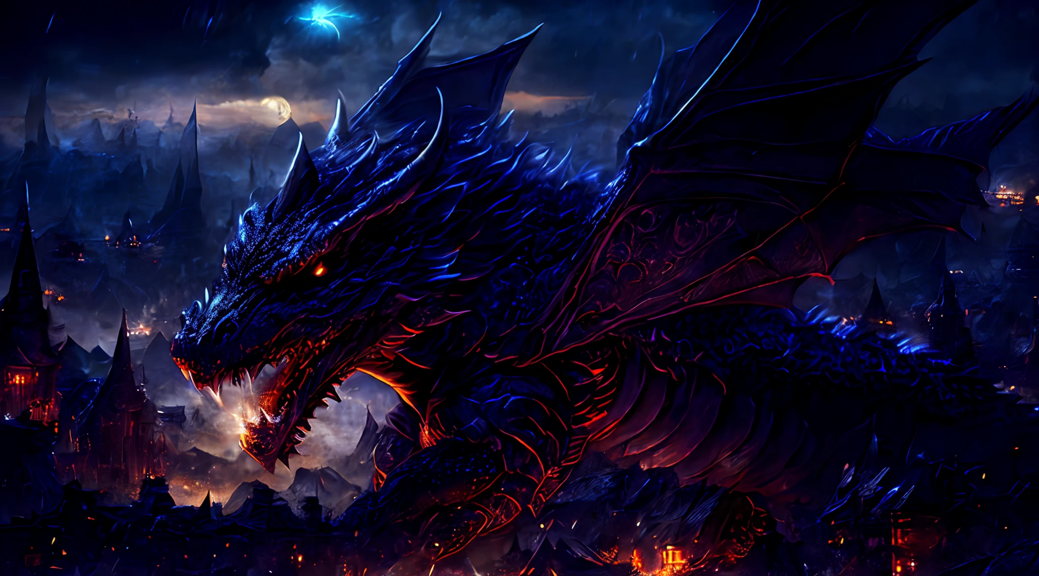 There is a doomsday level dragon flying over the city at night, highly detailed fantasy art, surrealist art, Arthur Pan, Adam Maczynski, Arduin, Black Ankaragon, epic dragon, negative energy, black electricity around it, black thunder and lightning wrapped all over, the destruction of the earth city, detailed fantasy art, epic fantasy digital art, 4K fantasy art, epic fantasy artwork, black dragon, surreal D&D fantasy art, deathwing, dragon art, (picture best brightness, Best picture chiaroscuro: 1.3) (Extreme detail, top quality, 8K art, masterpiece, ultra detail, extreme clarity).