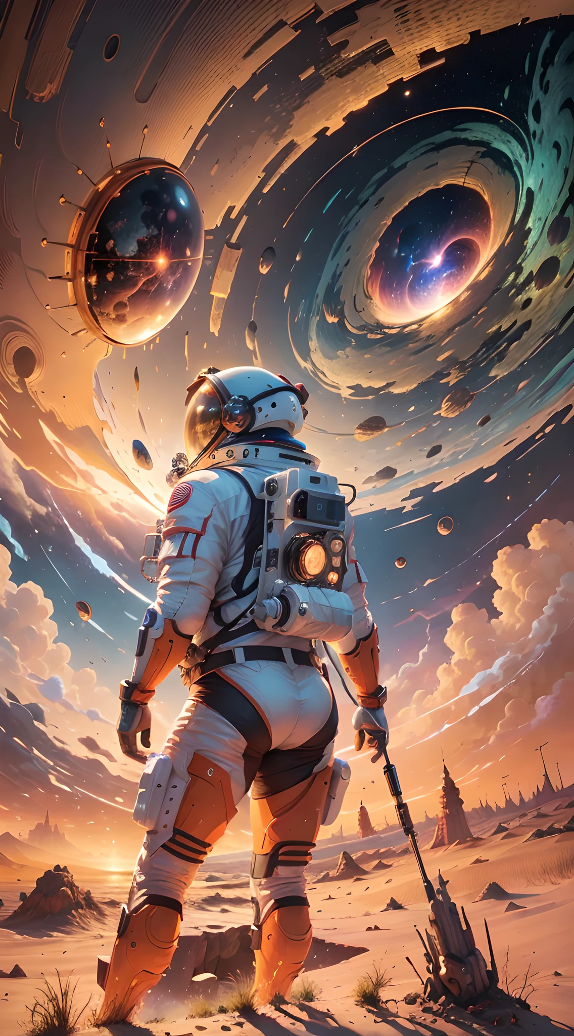 ((Masterpiece)), (Best Quality)), 8K, high detail, hyper-detail, the painting depicts a scene of breathtaking magnificent spatial images. The picture shows a man wearing a spacesuit, facing back, looking at a red glowing planet in space. The scenes are extremely detailed and the clarity is extraordinary, capturing every intricate detail of the panorama.