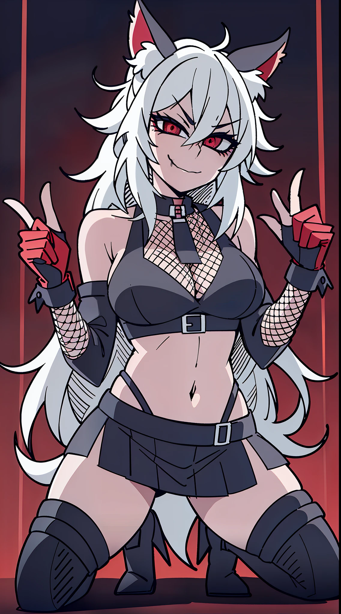 1girl, look at viewer, cute, breast, full body, Helltaker, detailed lighting, detailed body, detailed hair, detailed, masterpiece, red eyes, glowing eyes, night, torn red tank top, black mini-skirt, Fishnet stockings, black boots, Fox ears, Fox tail, long messy hair, white hair, smug smile, seductive look, half-closed eyes, kneeling