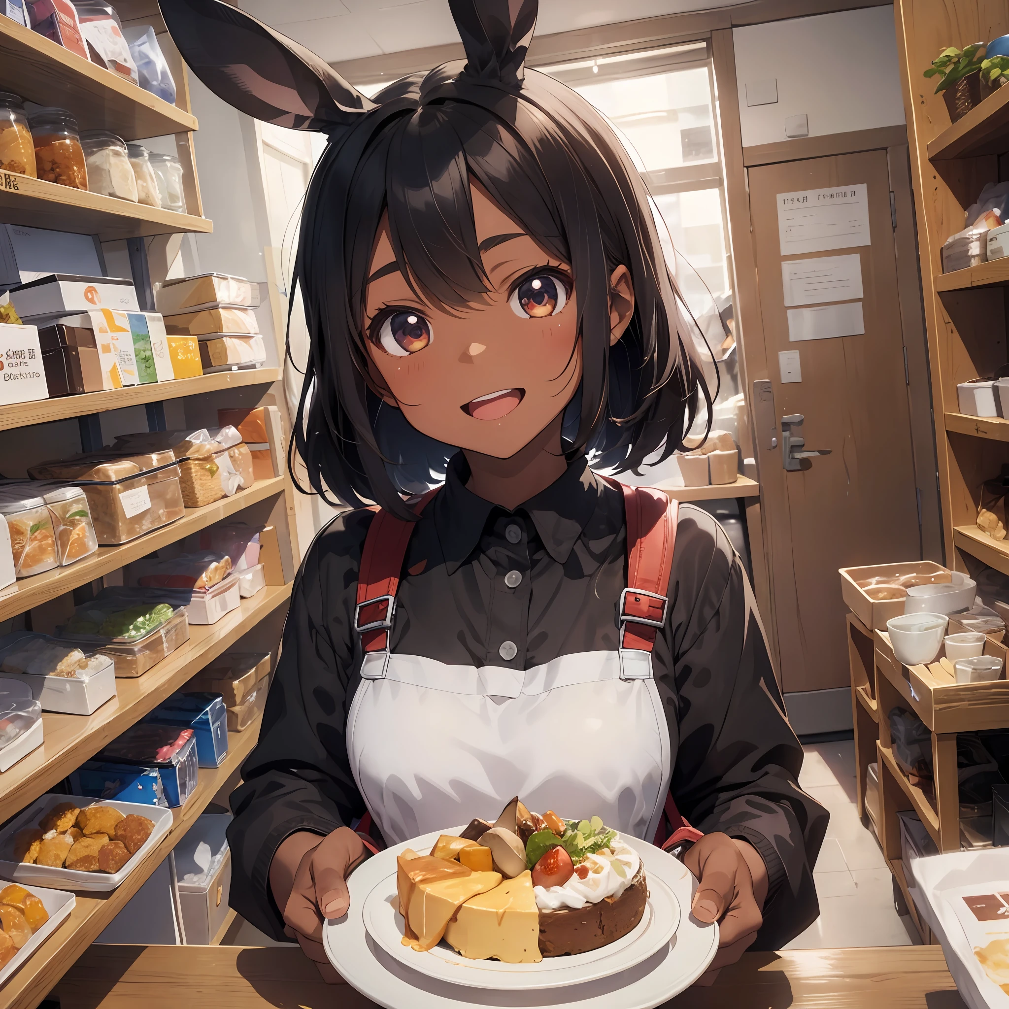 Background is a thriving café, café clerk, pudding on a tray, ration, café uniform, smile, thick eyebrows, (huge backpack: 1.5), (dark skin: 1.3), brown skin, movie lighting, small, rabbit ears, (masterpiece), ((best quality)), (super detailed), glossy skin, full body anime girl, clean and detailed anime face, high resolution anime eyes, five fingers, Textile shading, perfect human structure, perfect anatomy,