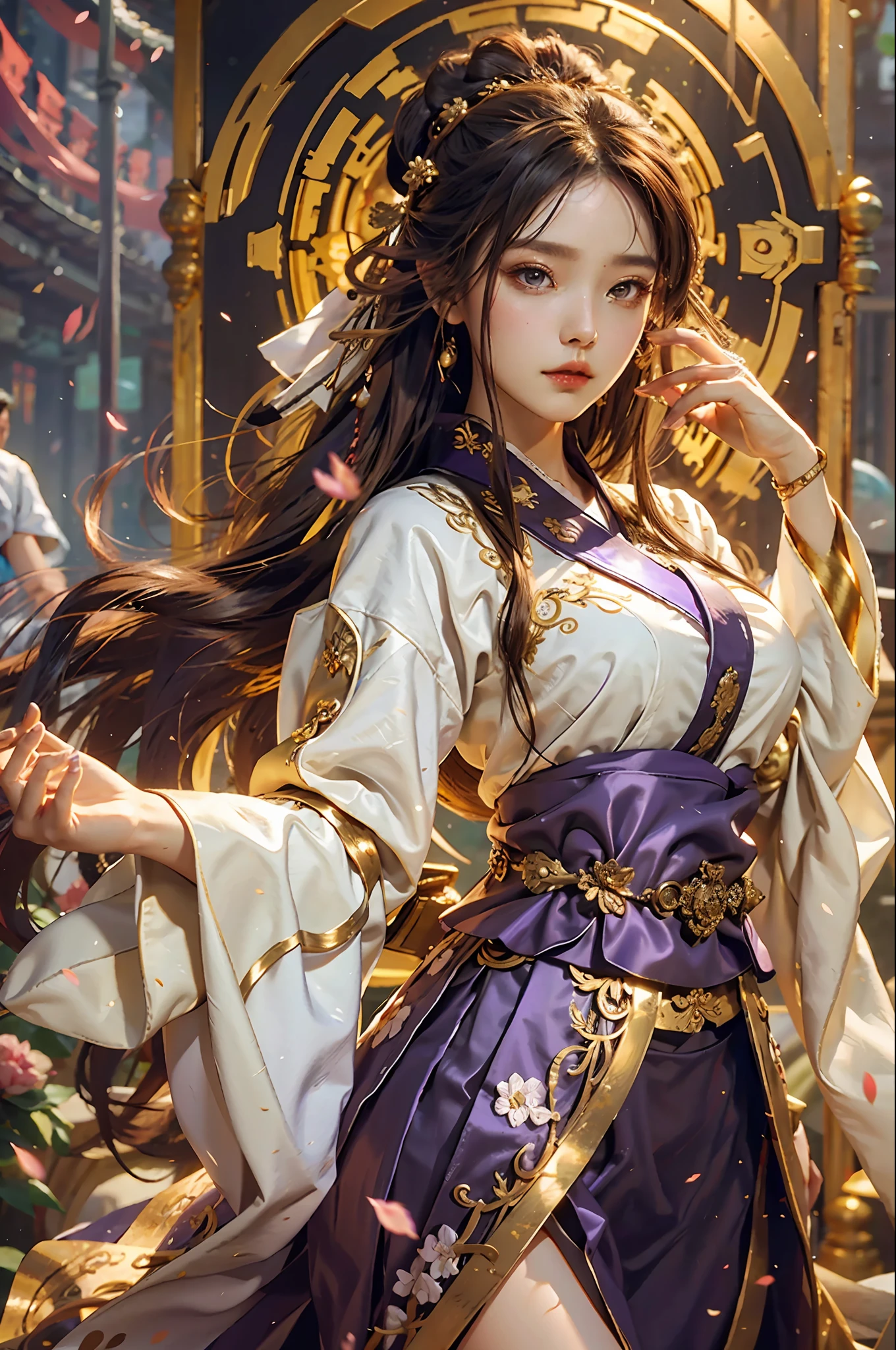 Superb Beauty, Masterpiece, High Resolution, (Exquisite Body: 1.5), Beauty, Extra Large Breasts (2.5) Wide Buttocks, Thin Waist, Stunning Beauty, (Milky Skin: 1.3), Exquisite Details, High Resolution, Wallpaper, 1 Female, Solo, Dress, Hair Accessories, (((Golden Purple Skirt)) ), Flower, Long Hair, Brown Hair, Shut Up, Accessories, Long Sleeves, Raised Hands, Wide Sleeves, Big Eyes, Flowing Hair, Hanfu, Hanfu, Embroidery, Long Dress, Natural Pose, Falling Petals, Indoor, Fanning, Lantern, 16K, HDR, High Resolution, Depth of field, (Film grain: 1.1), Bocon, Primetime, (lens flare), vignette, rainbow, (color grading: 1.5)