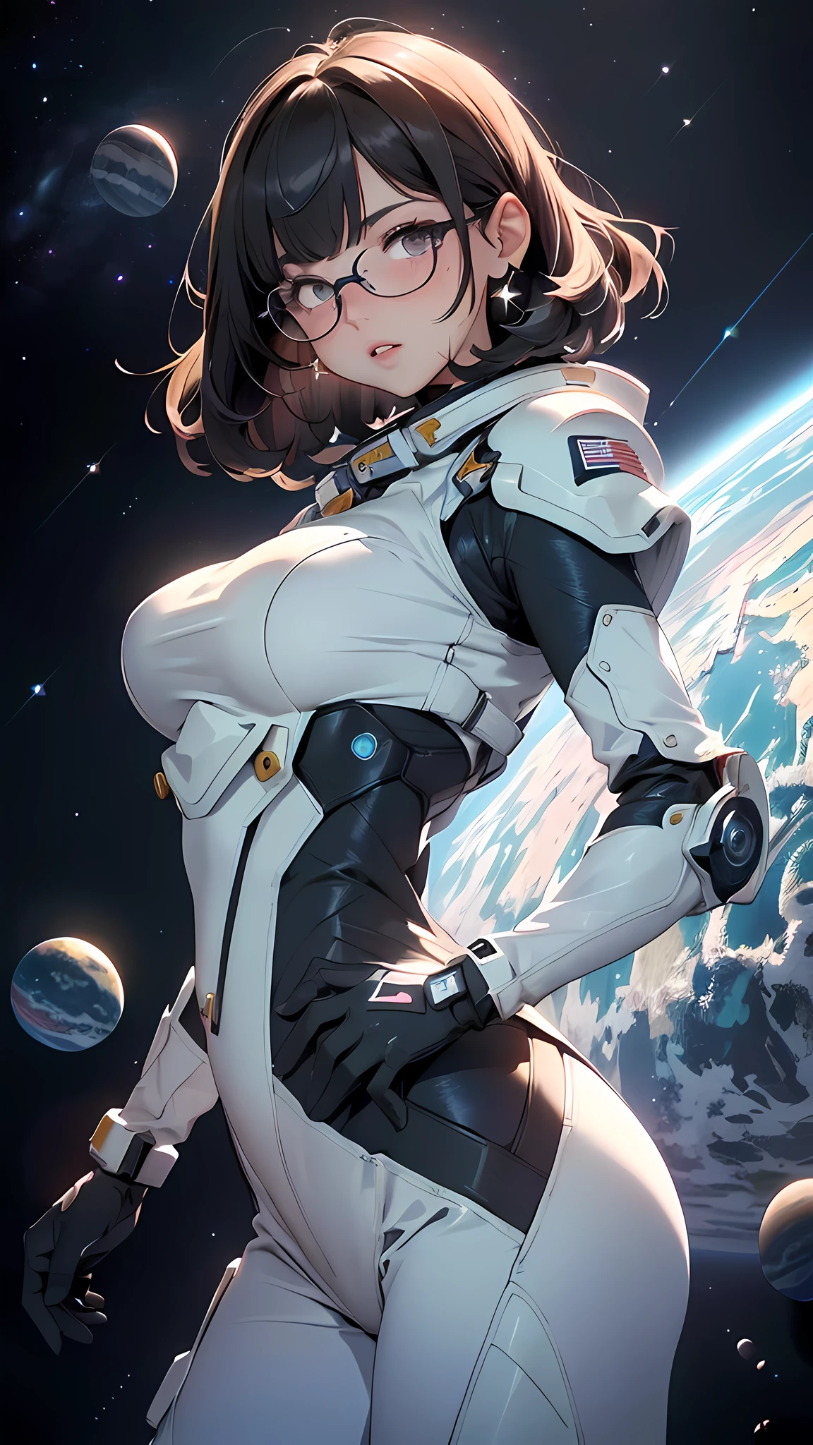 spacepunk, (Universe Background: 1.5, detailed background:1.25), (Isometric: 1.0), double exposure, (masterpiece, best quality:1.3), (highres:1.5), absurdres, ultra detailed, (1girl:1.3), (dynamic pose):1.0 BREAK, ((upper body image:1.3)), ((1 extremely cute and beautiful tearful girl taking a spacewalk at Universe)), stars, gas, star, starry, space, shooting star, crescent moon, hyper-space, (upturned eyes:1.3), (ear breathing), solo focus, starry night, (wearing a mechanical space body armor:1.3), (black wavy bob hair:1.35, bangs;1.35),  (large-breasted:1.35), (fat:1.2), glasses, streaming tears, tearful, tears, sad, 7.5 life size, detailed clothes, detailed body, detailed arms, human hands, detailed hands, blush, open mouth, (look back:1.15), (thrust out one's hip:1.35), studio soft light, cinematic light, detailed background, realistic, ultra-realistic, masterpiece,