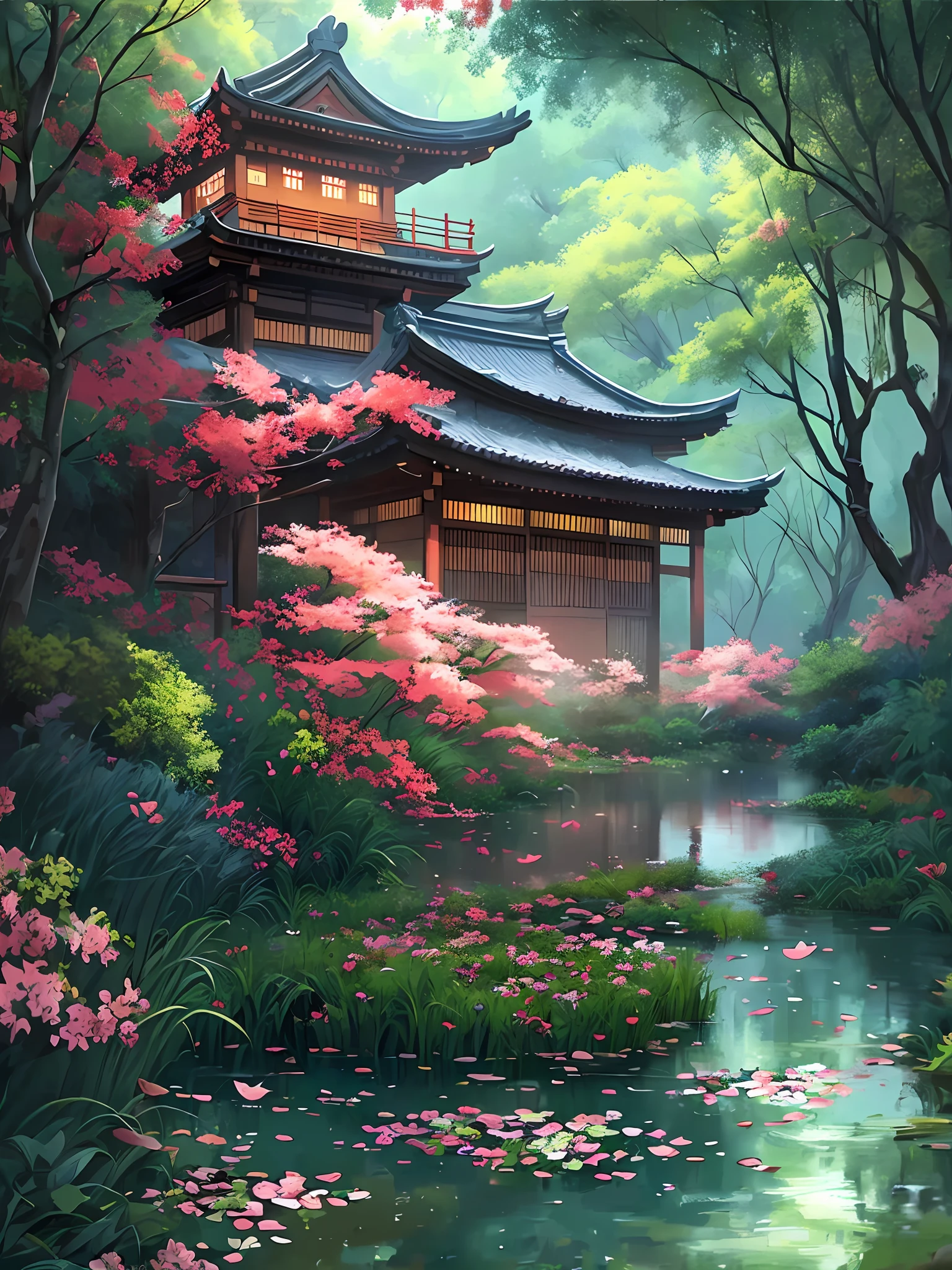 painting of a japanese house in a forest with a pond, beautiful digital artwork, andreas rocha style, inspired by Andreas Rocha, beautiful digital painting, digital painting of a pagoda, by Yang J, zen temple background, stunning digital painting, gorgeous digital painting, very beautiful digital art, a beautiful artwork illustration, quiet and serene atmosphere, japanese art style, serene illustration