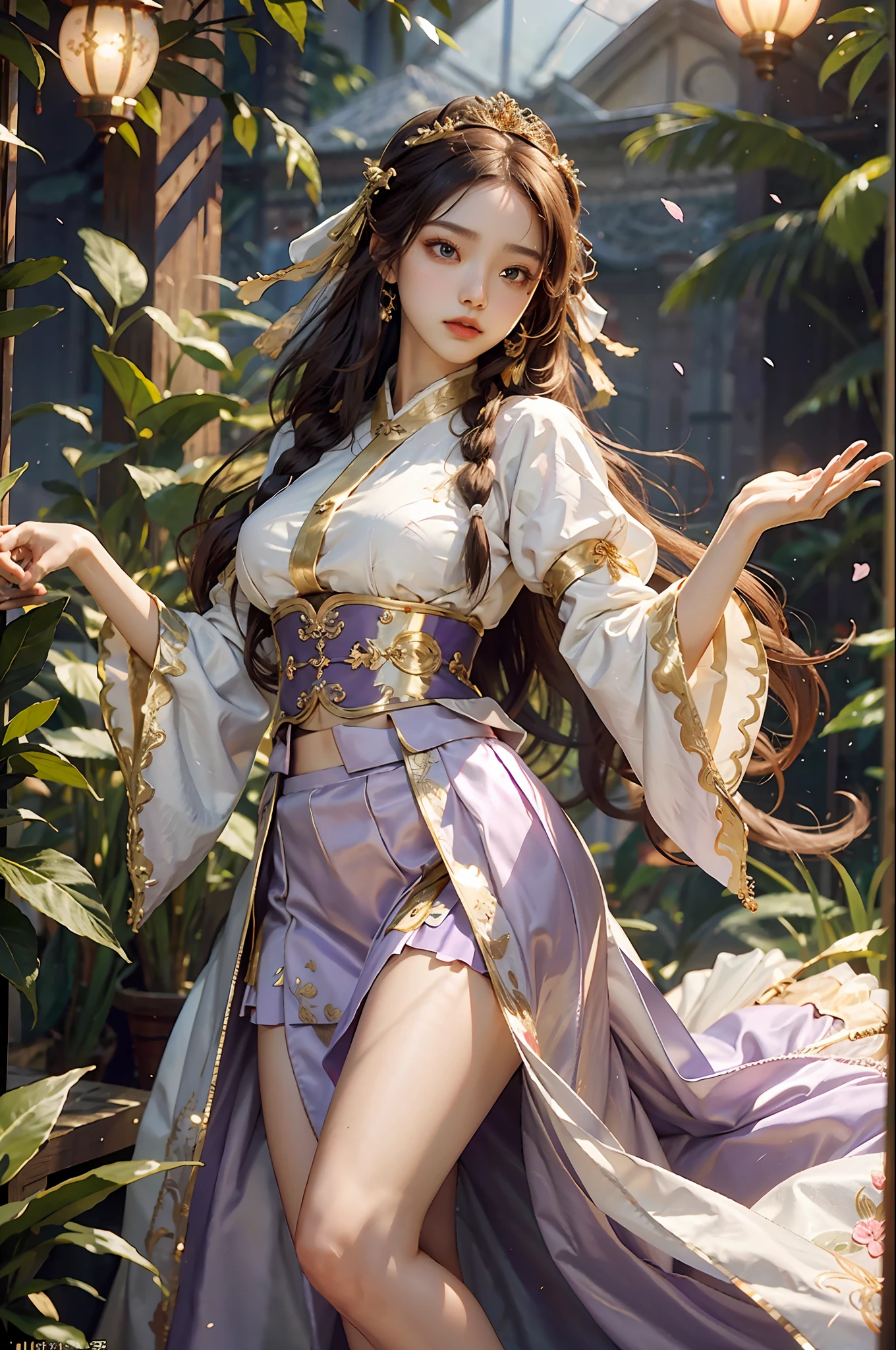 Superb Beauty, Masterpiece, High Resolution, (Exquisite Body: 1.5), Beauty, Extra Large Breasts (2.5) Wide Buttocks, Thin Waist, Stunning Beauty, (Milky Skin: 1.3), Exquisite Details, High Resolution, Wallpaper, 1 Female, Solo, Dress, Hair Accessories, (((Golden Purple Skirt)) ), Flower, Long Hair, Brown Hair, Shut Up, Accessories, Long Sleeves, Raised Hands, Wide Sleeves, Big Eyes, Flowing Hair, Hanfu, Hanfu, Embroidery, Long Dress, Natural Pose, Falling Petals, Indoor, Fanning, Lantern, 16K, HDR, High Resolution, Depth of field, (Film grain: 1.1), Bocon, Primetime, (lens flare), vignette, rainbow, (color grading: 1.5)