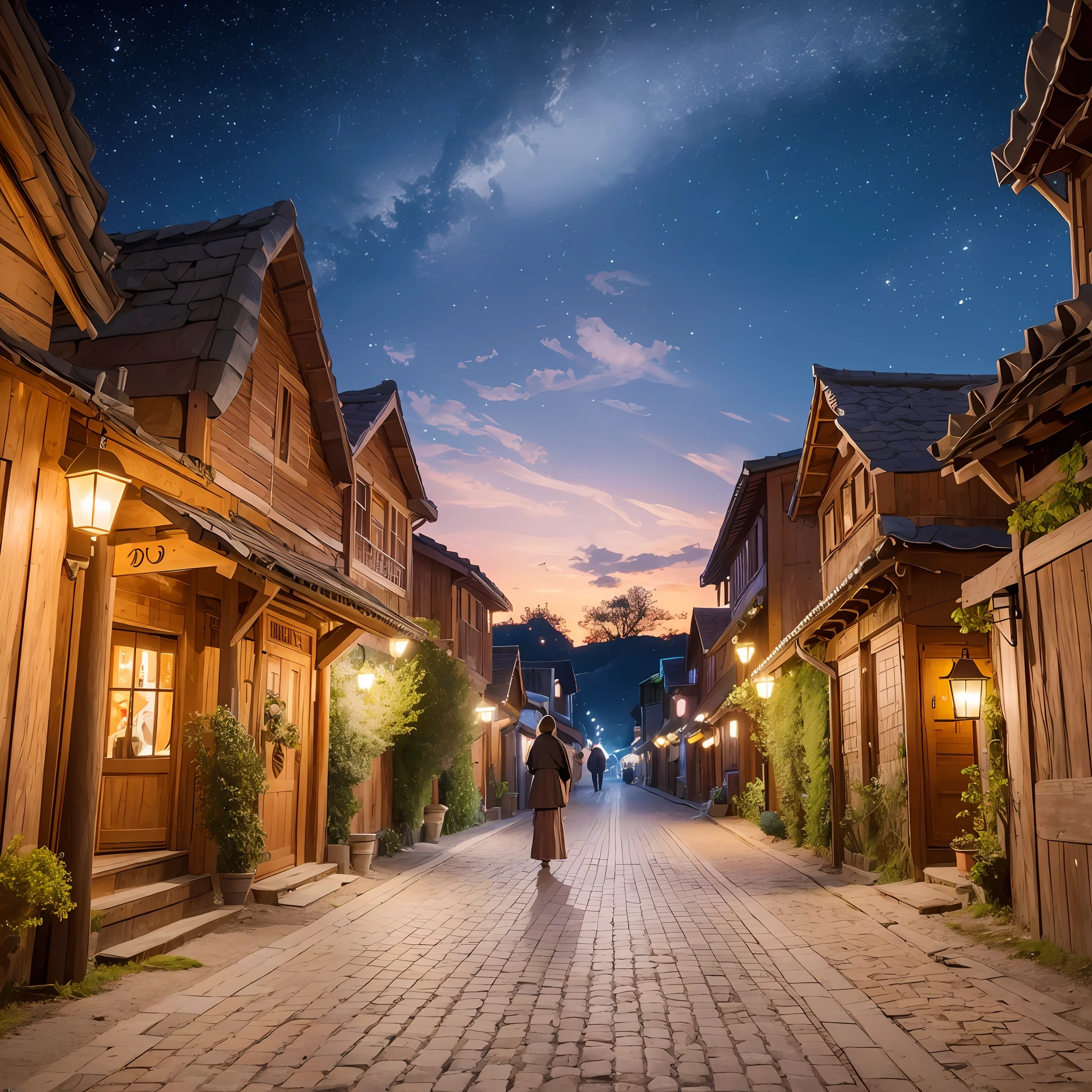 (National Style Village), beautiful path, two people on the way home, lanterns hanging at the door, night view, hyper-realistic picture, realistic wallpaper, cyberpunk village, movie, high resolution, 8K, --auto --s2
