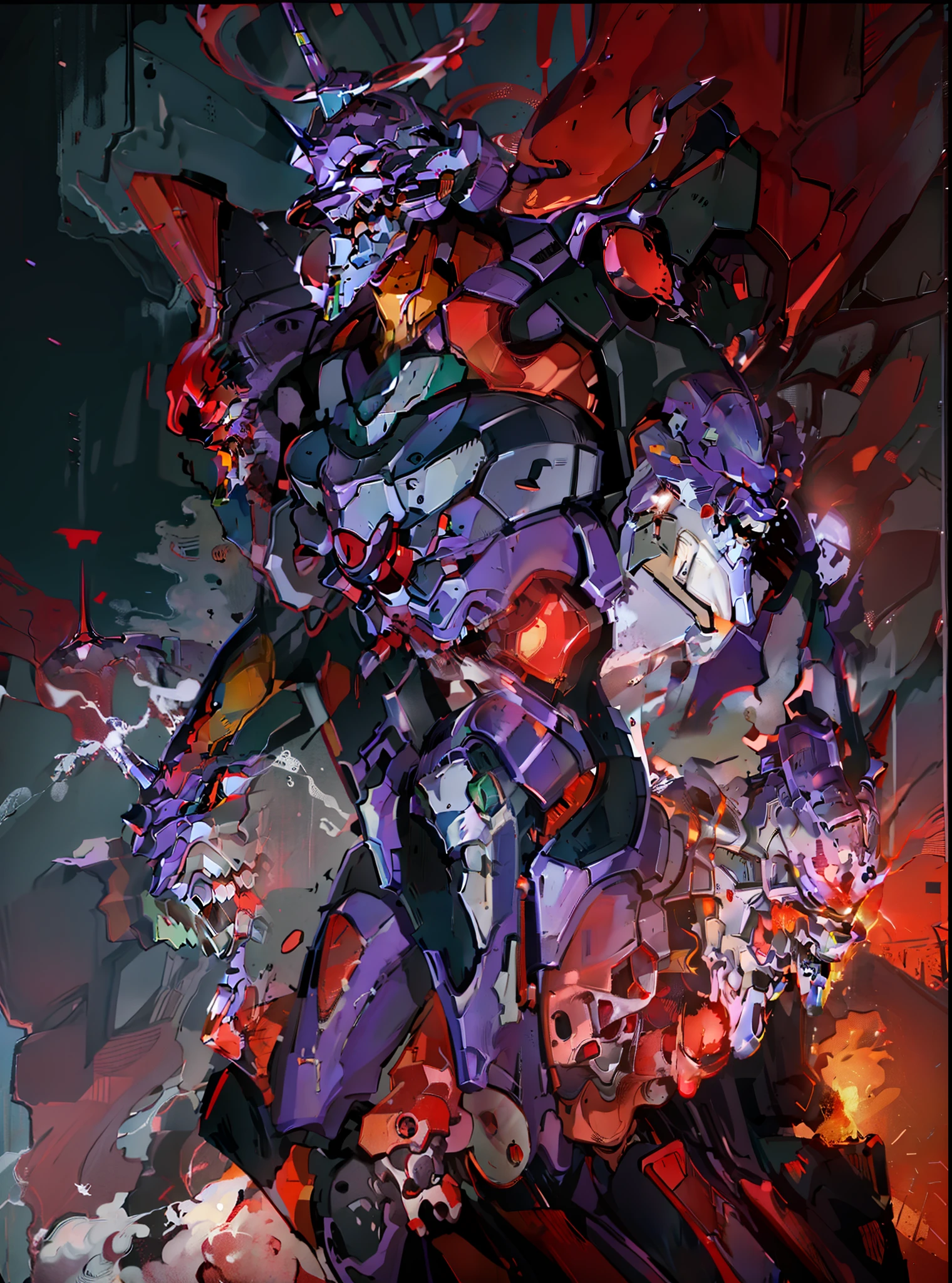 EVA 01, EVA, Doomsday Style, Black, Red, Blood, Detailed EVA 01, Best Quality, Masterpiece, 8K, White Halo on the Head, Glowing Aura, Detailed EVA 01 Head, Bleeding All Over, Runaway