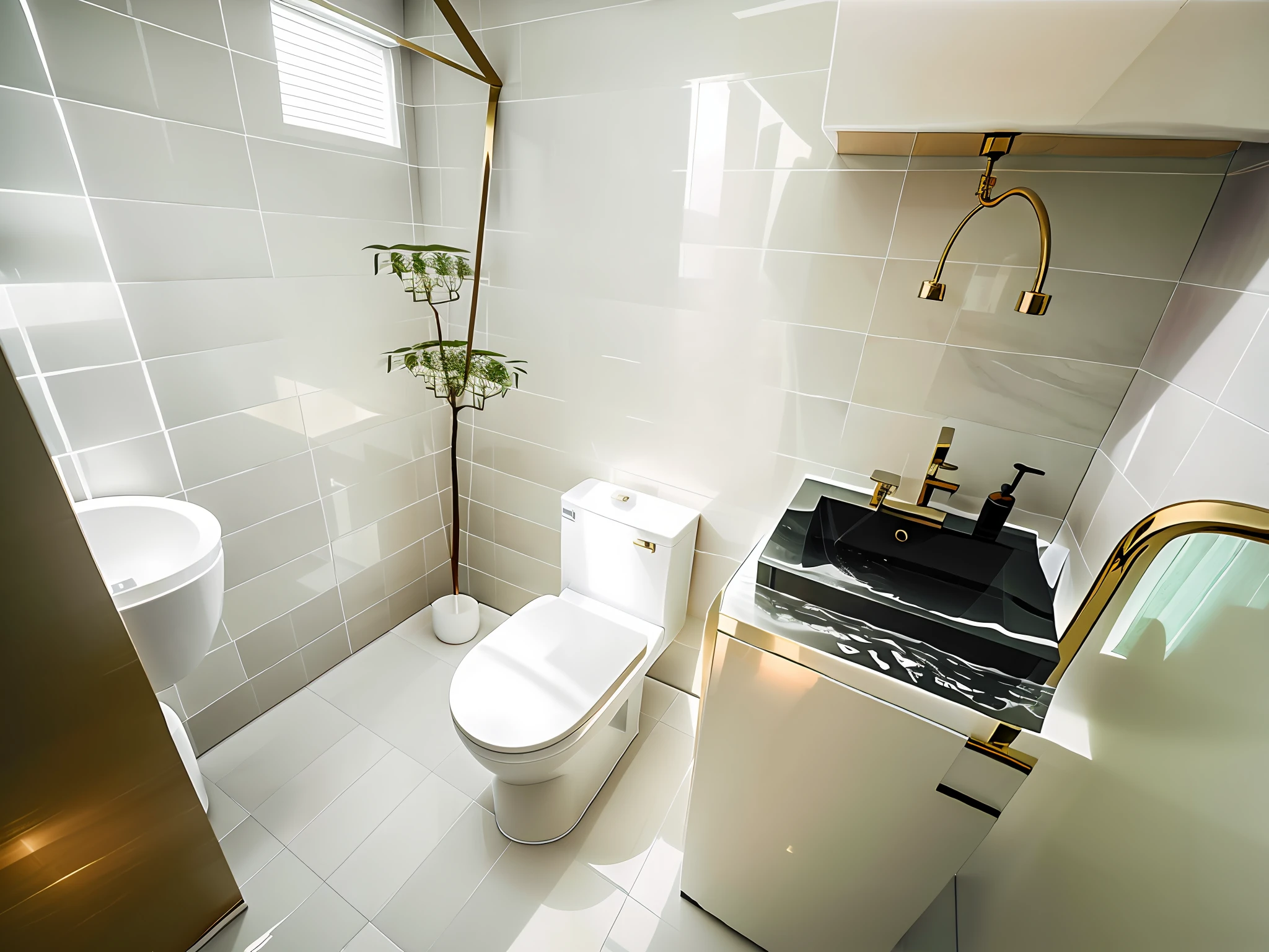 The main body is a high-end bathroom with white tiles; Premium washing machine. High-grade wash basin, glass door, must reflect all the above items, the decoration style is minimalist and simple, white tone, bright lighting, bright tone, human perspective.