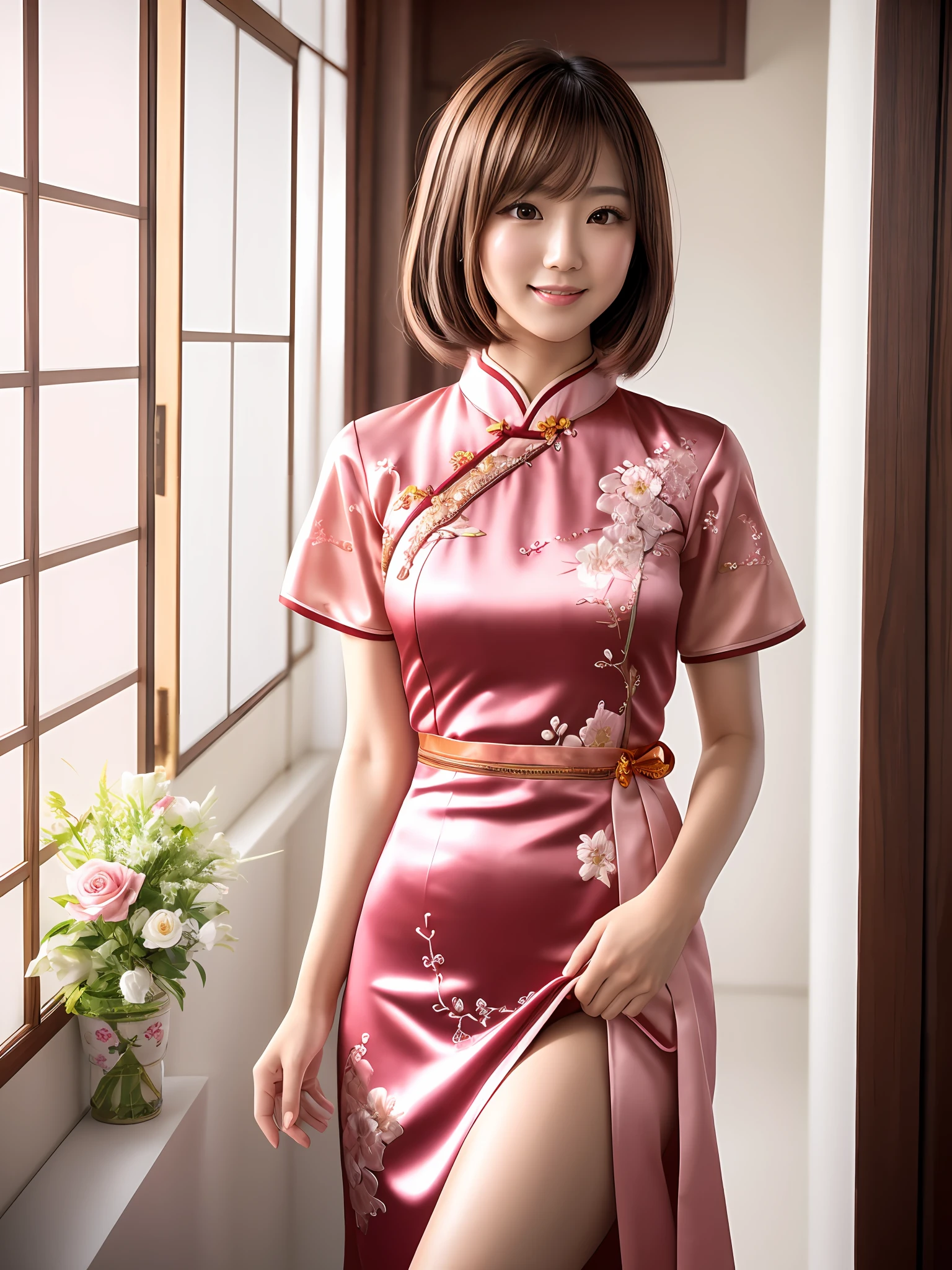 masterpiece, 1 girl per 1 photo, upper body shot, directly front view, a Japanese young pretty woman, wearing a short length short sleeve satin pink cheongsam with floral embroideries in a house, big smile, glamorous figure, hyper cute face, glossy lips, sweaty body, double eyelids in both eyes, Natural makeup, long eyelashes, shiny smooth light brown hair of long bob hair, asymmetrical bangs, tanned skin, central image, 8K resolution, high detail, detailed hairstyle, Detailed Face, spectacular cinematic lighting, octane rendering, vibrant, hyper realistic, perfect limbs, perfect anatomy