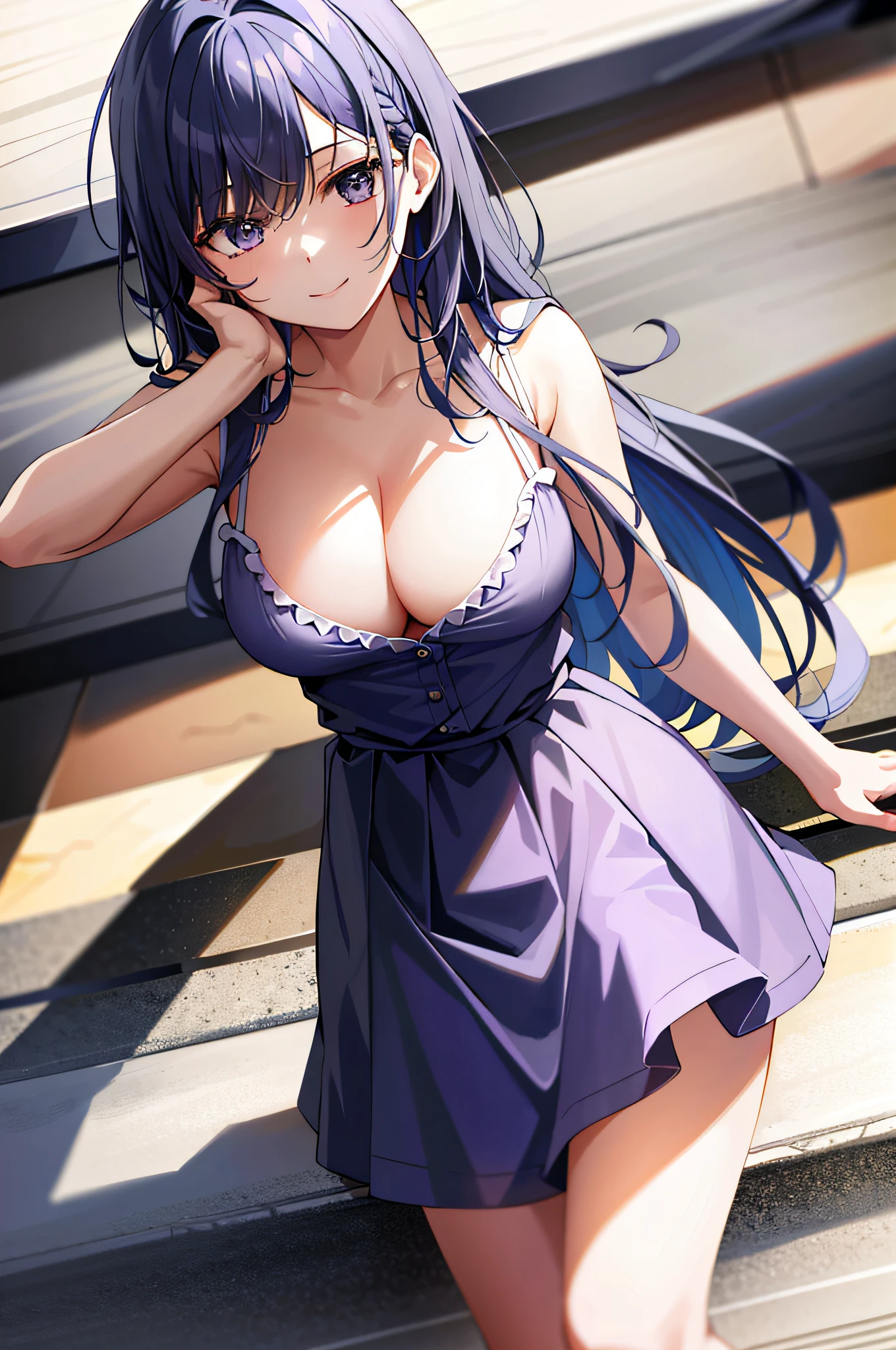 best quality, absurd res, highly detailed, (masterpiece). painterly, anime.
(downblouse, cleavage:1.4), leaning forward, adjusting hair, teacher, black shirt, skirt.
ouro kronii, 1girl, solo, long hair, multicolored hair, blue hair, purple hair, breasts. from below, standing looking down. covered happy, smile.
realistic shadows, detailed shadows, shadows over face, highly detailed, detailed eyes, detailed hair.