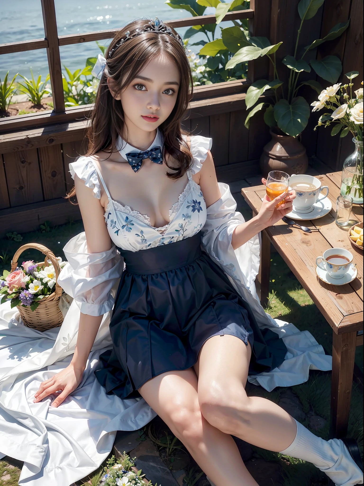 Dressed, (Photorealistic: 1.4), (Hyperrealistic: 1.4), (Realistic: 1.3), (Smooth Lighting: 1.05), (Improved Cinematic Lighting: 0.9), 32K, 1 girl, 20 year old adult woman, bright spring morning natural light, backlit, face light, ray tracking, (Bright light: 1.2), (Quality improvement: 1.4), (Top quality realistic textured skin: 1.4), fine detailed eyes, detailed face, fine quality eyes, brown eyes, (tired, sleepy and satisfied: 0.0), tiara with hair, bow tie, underwear, dark blue bra with white floral pattern, dark blue panties with white floral pattern, one woman in Japan with a faint smile, full body, pure white smooth and shiny silk material socks, sitting with sheets on the grass, Basket with fruits and flowers, tea set, green glass jar with water, background blurred white