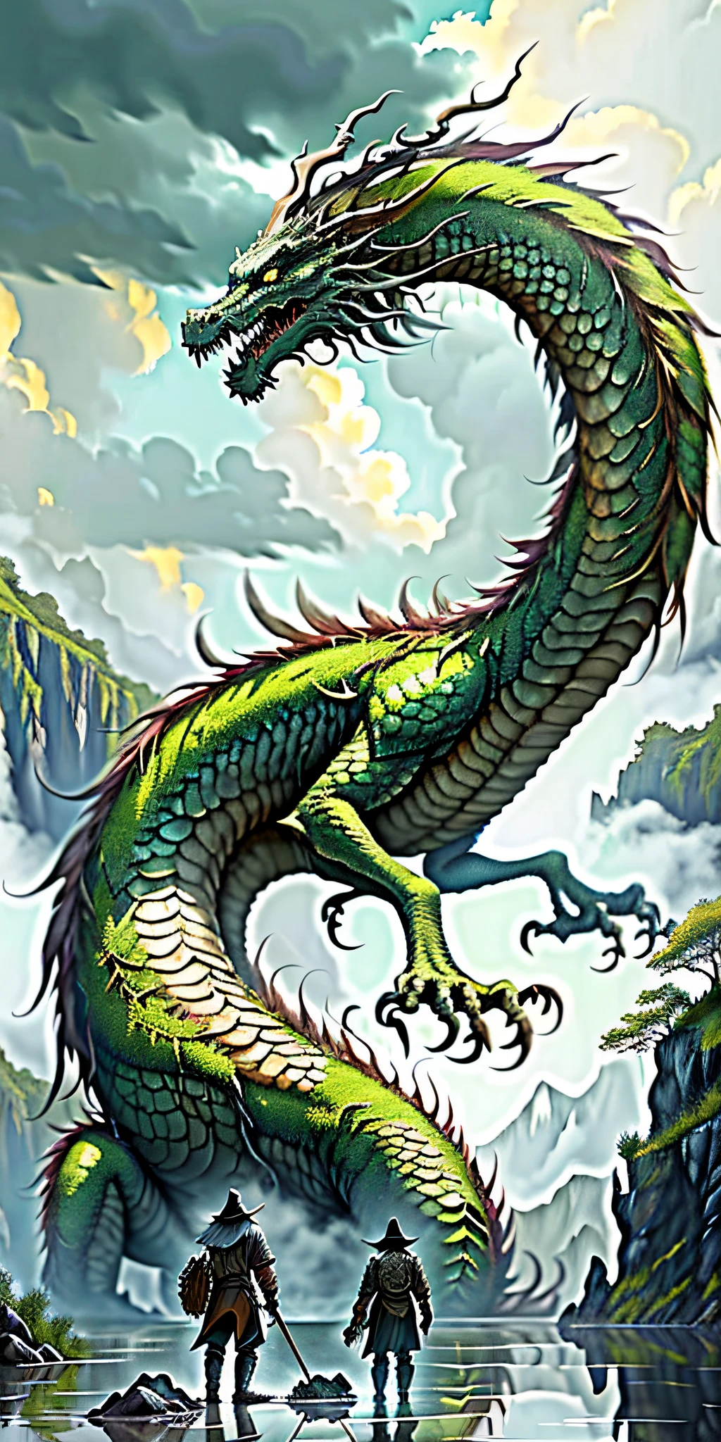 A giant dragon lying in a muddy pond, a dragon looming in the sky, rainy day, two farmers observing, countryside, highly realistic concept art, ultra-detailed concept art, highly detailed concept art, award winning concept artist, stunning photo real concept art, concept art, highly rendered, surreal concept art
