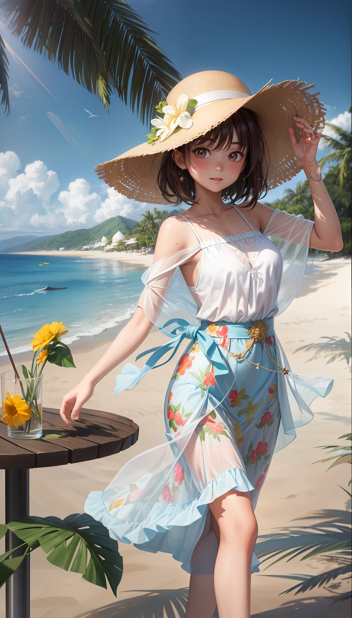 1 , short brown hair, brown eyes, bright eyes, sun hat on head, delicate lace white clothes on the upper body, translucent gauze over the outside, wearing a beautiful beach skirt, colorful beach skirt, beach side in background, summer daytime environment, outdoor lights during the day (beach 1.5), tropical plants, hot weather, HD details, wet watermark, hyper detail, 2K, 4K, 8K, film, surrealism, soft light, deep field focus bokeh, ray tracing, diffuse reflection (ultra-fine glass reflection) and surrealism,