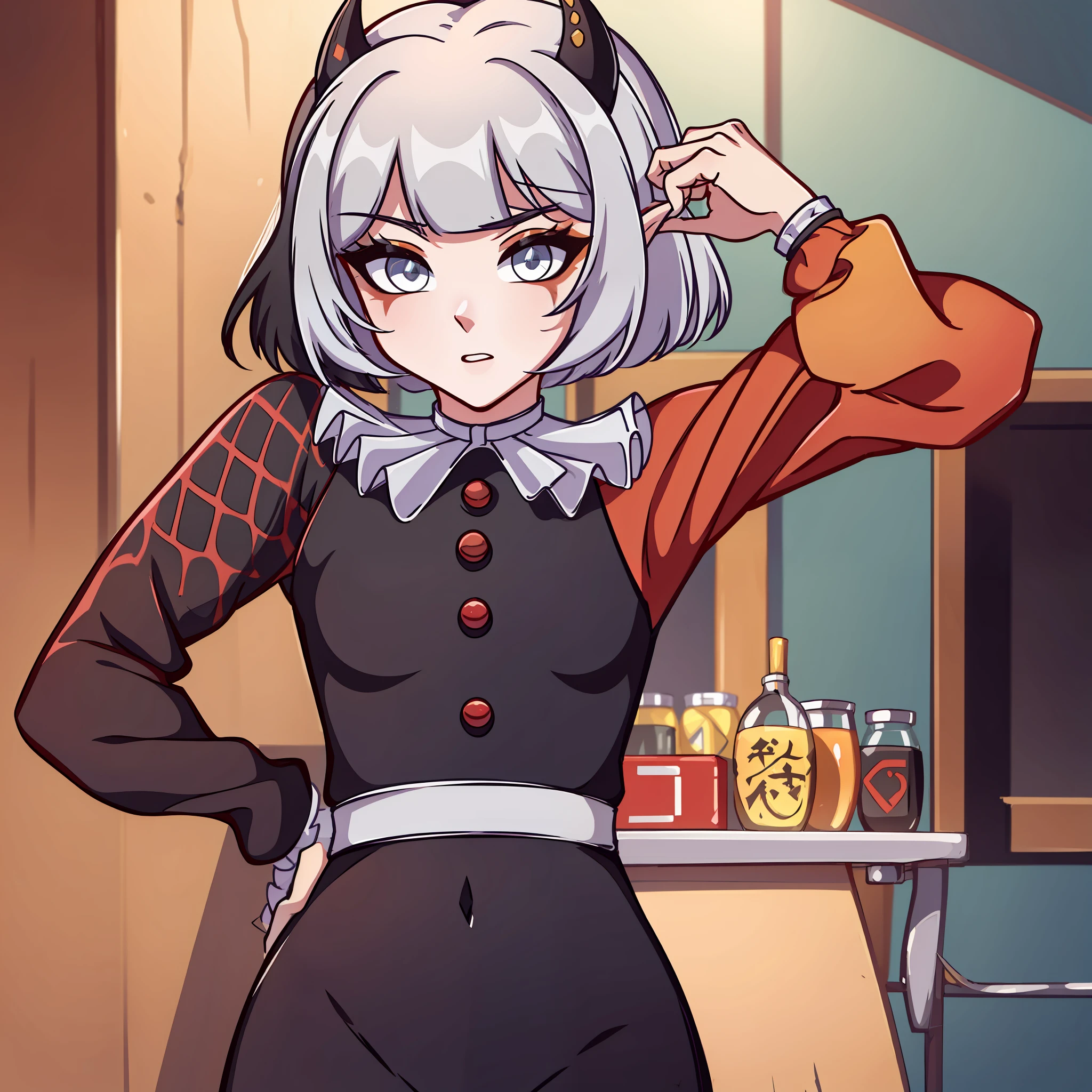 Best quality: 1.0), (Super High Resolution: 1.0), extremely detailed character, extremely detailed hand, half-dragon girl, horns, scales on the neck, scales on the shoulders, scales on the forearm, scales on the cheek, extremely detailed hair, short hair, white hair, black locks, extremely detailed eyes, yellow eyes, cat eyes, 2d, tomboy girl, anime art