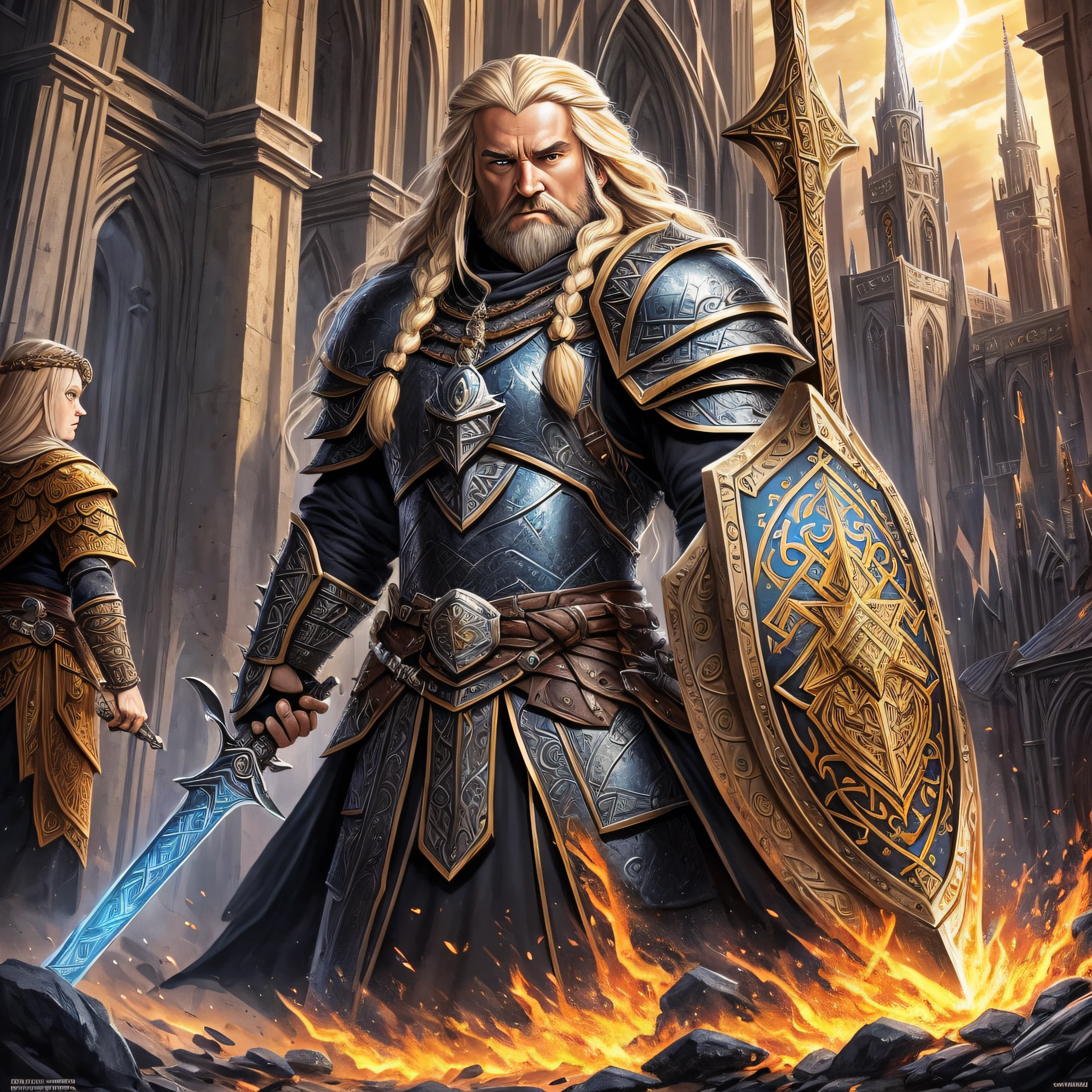 D&D art Full body, (Masterpiece, best quality). male, dwarf (Masterpiece, best quality). Cleric, (Masterpiece, best quality) , with a long, braided blond hair, blue eyes, (Masterpiece, best quality). Armed in the right hand with a yellow, radiant sword, with dwarven runes on it (Masterpiece, intense details). Holding a shield in the left hand (Masterpiece, intense details). Wearing heavy black armor with spikes and shield (Masterpiece, intense details). Donning bellowing orange cloak with sun sigils (Masterpiece, intense details) with a cathedral background at dawn(Masterpiece, intense details) --auto --s2