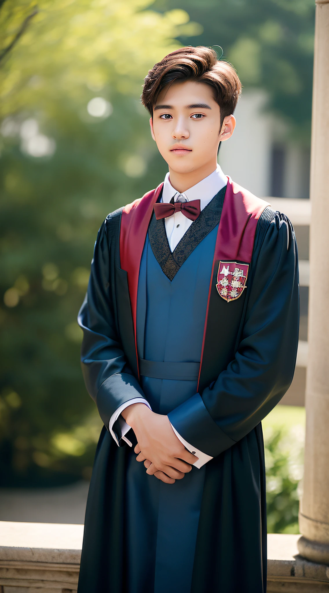 (a 18 year olds handsome boy, half frame), (wearing gown), ((background Havard Campus))