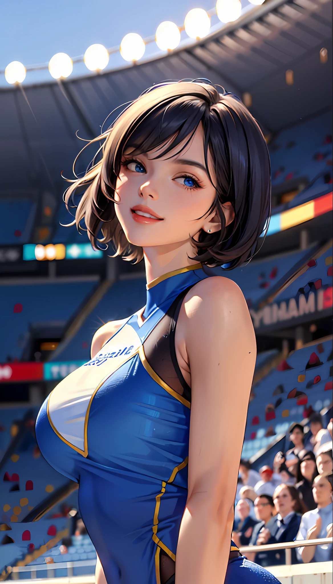 (masterpiece:1.2, best quality), (1lady, solo, upper body:1.2), clothing: jersey Accessories: Cheerleaders Hair: Dark blue shoulder-length short hair Makeup: Natural, glowing skin, behavior: relaxed, carefree, free-spirited, smiling Location: Stadium, blue eyes, extremely large breasts,