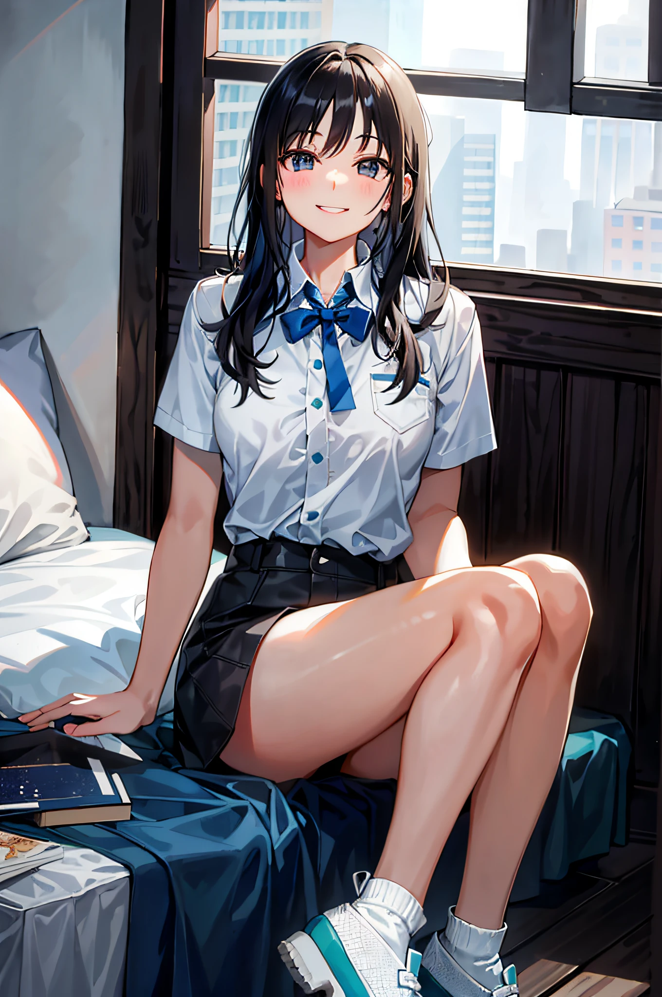 (morning), 1girl, 独奏, 看着观众, winter, cowboy shot, (downtown), cowboy shot, smile, black hair