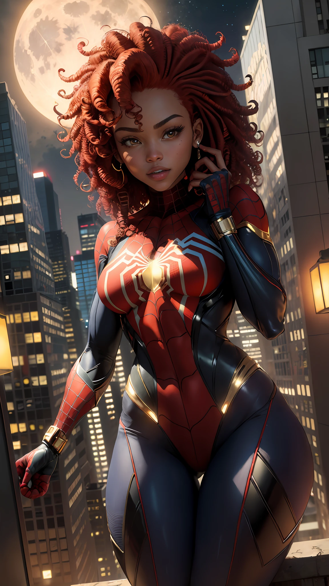 (Masterpiece, 4k resolution, ultra-realistic, very detailed), (Golden superhero theme, charismatic, there's a black girl at the top of town, wearing Spider-Man costume, she's a superhero), [ ((23 years), (curly red hair:1.2), full body, (gray eyes:1.2), ((Spider-Man pose),show of strength, jump from one building to another), ((sandy urban environment):0.8)| (cityscape, at night, dynamic lights), (full moon))] # Explanation: The Prompt mainly describes a 4K painting of ultra-high definition, very realistic, very detailed. It shows a superheroine at the top of the city, wearing a Spider-Man costume. The theme in the painting is a golden superhero theme, the female protagonist has curly red hair, is 23 years old and her entire body is shown in the painting. In terms of portraying the actions of superheroines, spiders are employed
